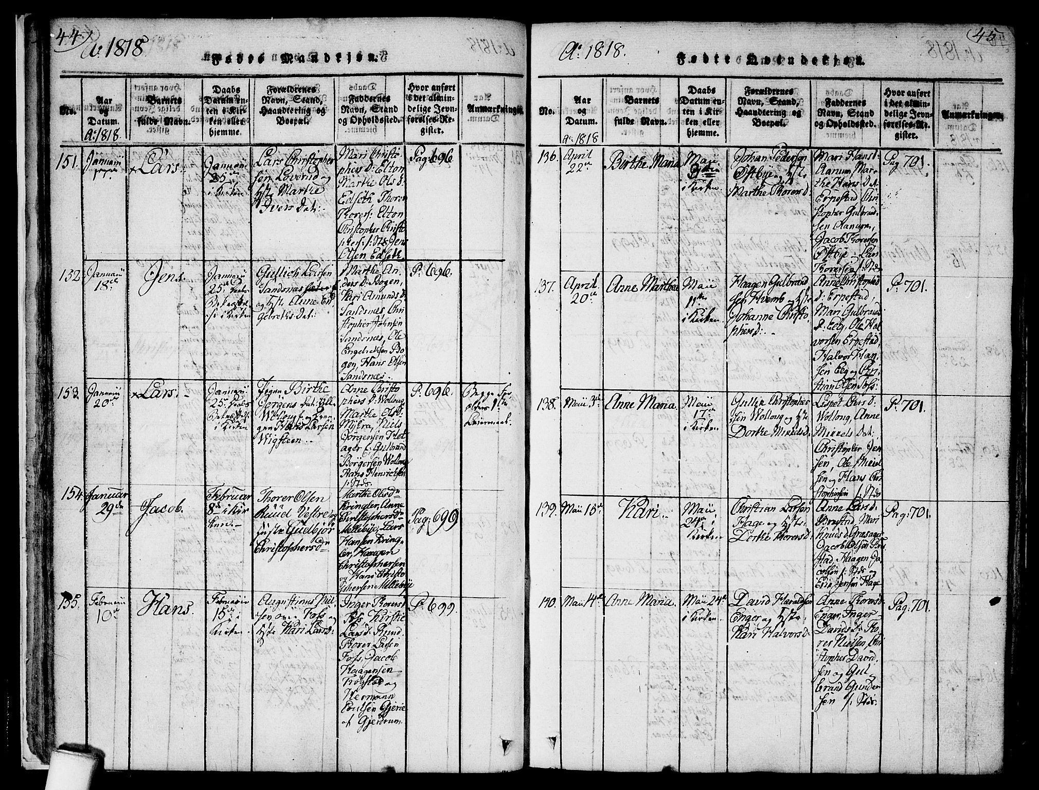 Nannestad prestekontor Kirkebøker, SAO/A-10414a/F/Fa/L0009: Parish register (official) no. I 9, 1815-1840, p. 44-45