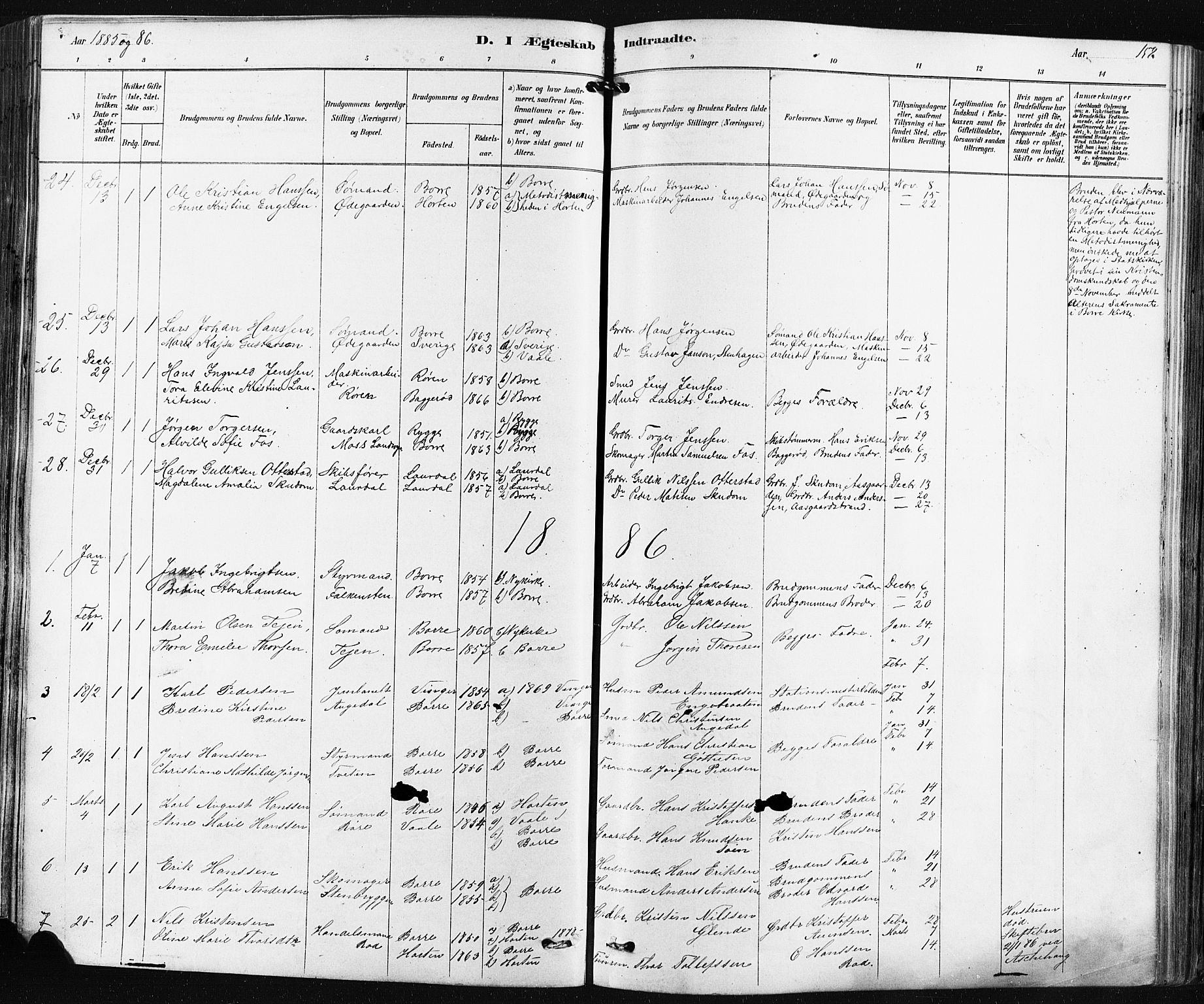 Borre kirkebøker, SAKO/A-338/F/Fa/L0009: Parish register (official) no. I 9, 1878-1896, p. 158
