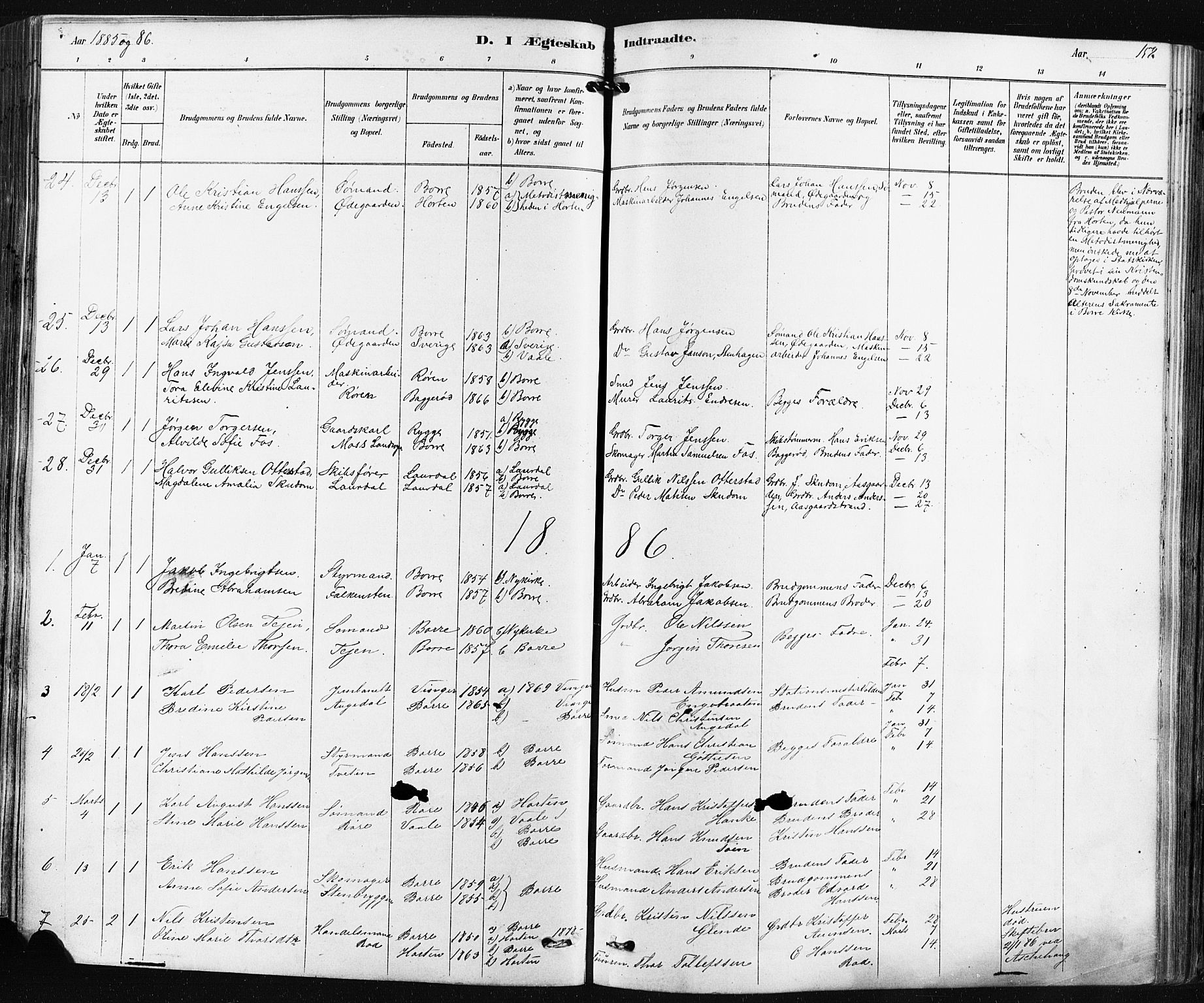 Borre kirkebøker, AV/SAKO-A-338/F/Fa/L0009: Parish register (official) no. I 9, 1878-1896, p. 158