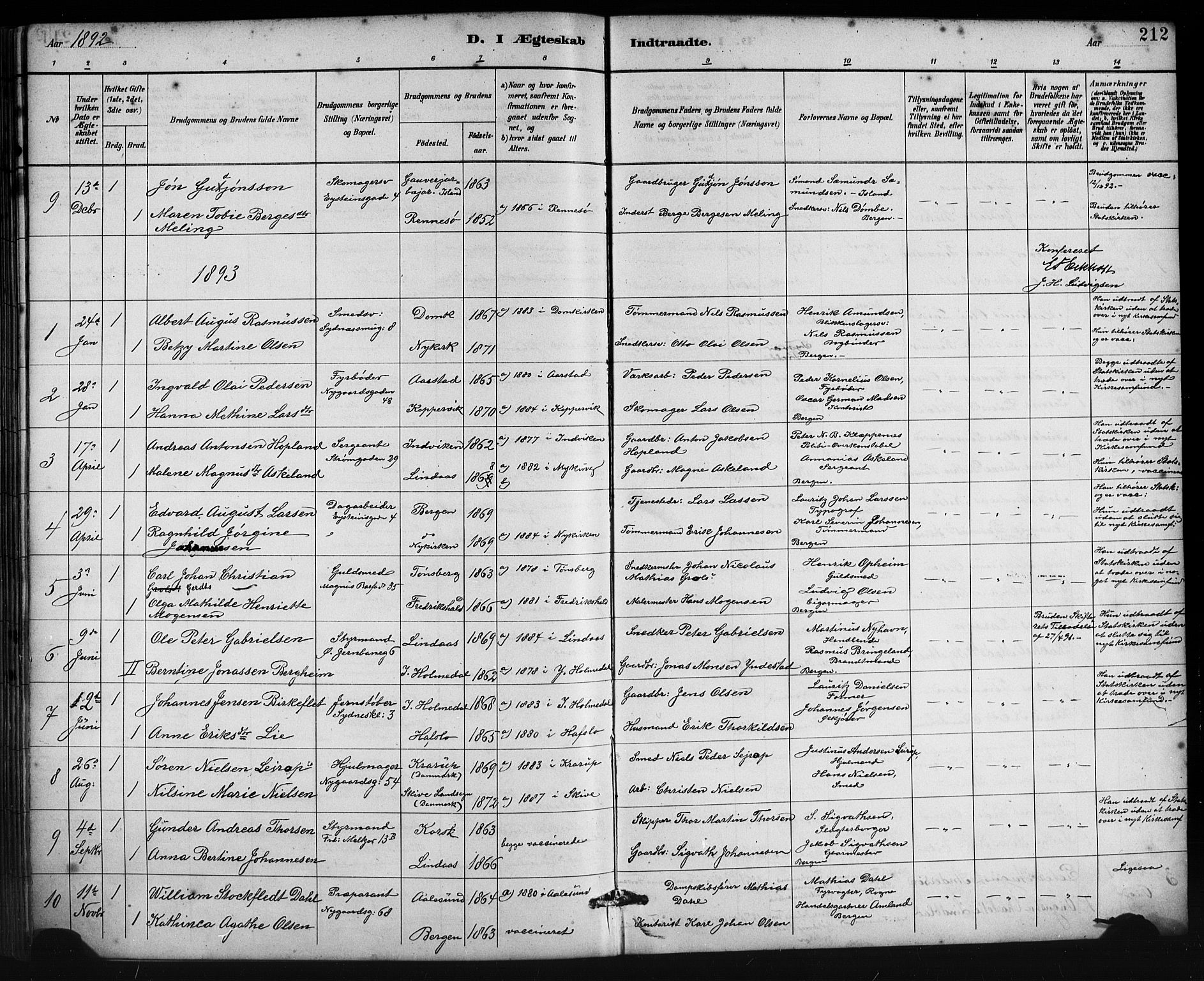 Johanneskirken sokneprestembete, AV/SAB-A-76001/H/Hab: Parish register (copy) no. C 1, 1885-1912, p. 212