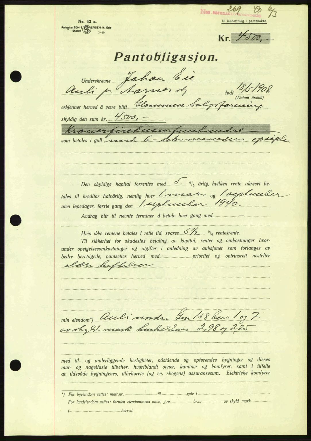 Nes tingrett, SAO/A-10548/G/Gb/Gbb/L0010: Mortgage book no. 54, 1939-1940, Diary no: : 269/1940