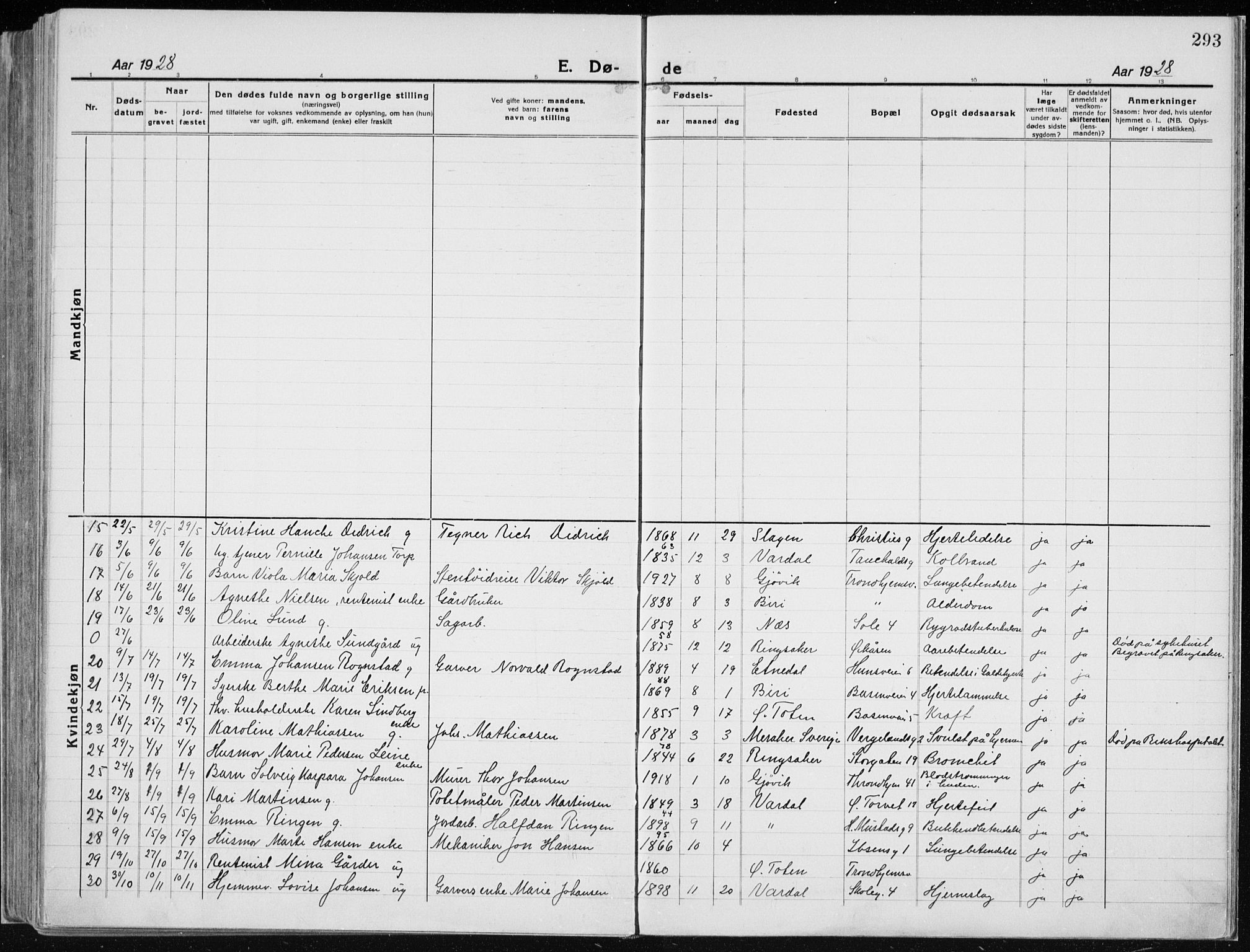 Vardal prestekontor, AV/SAH-PREST-100/H/Ha/Haa/L0015: Parish register (official) no. 15, 1923-1937, p. 293