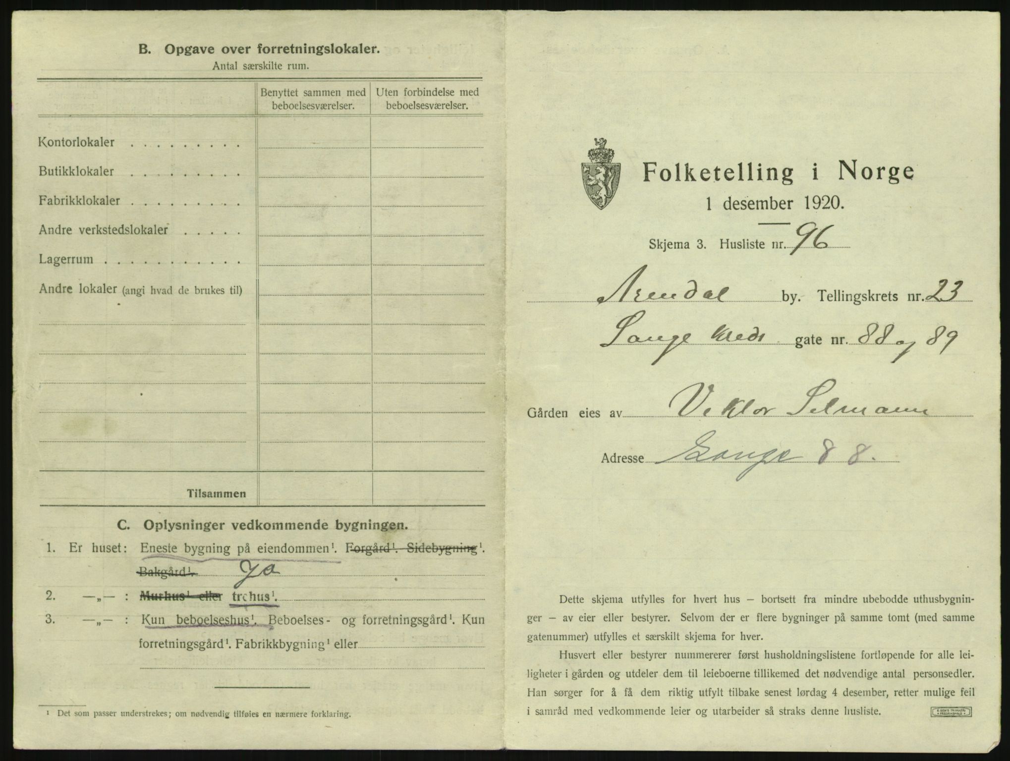 SAK, 1920 census for Arendal, 1920, p. 3752