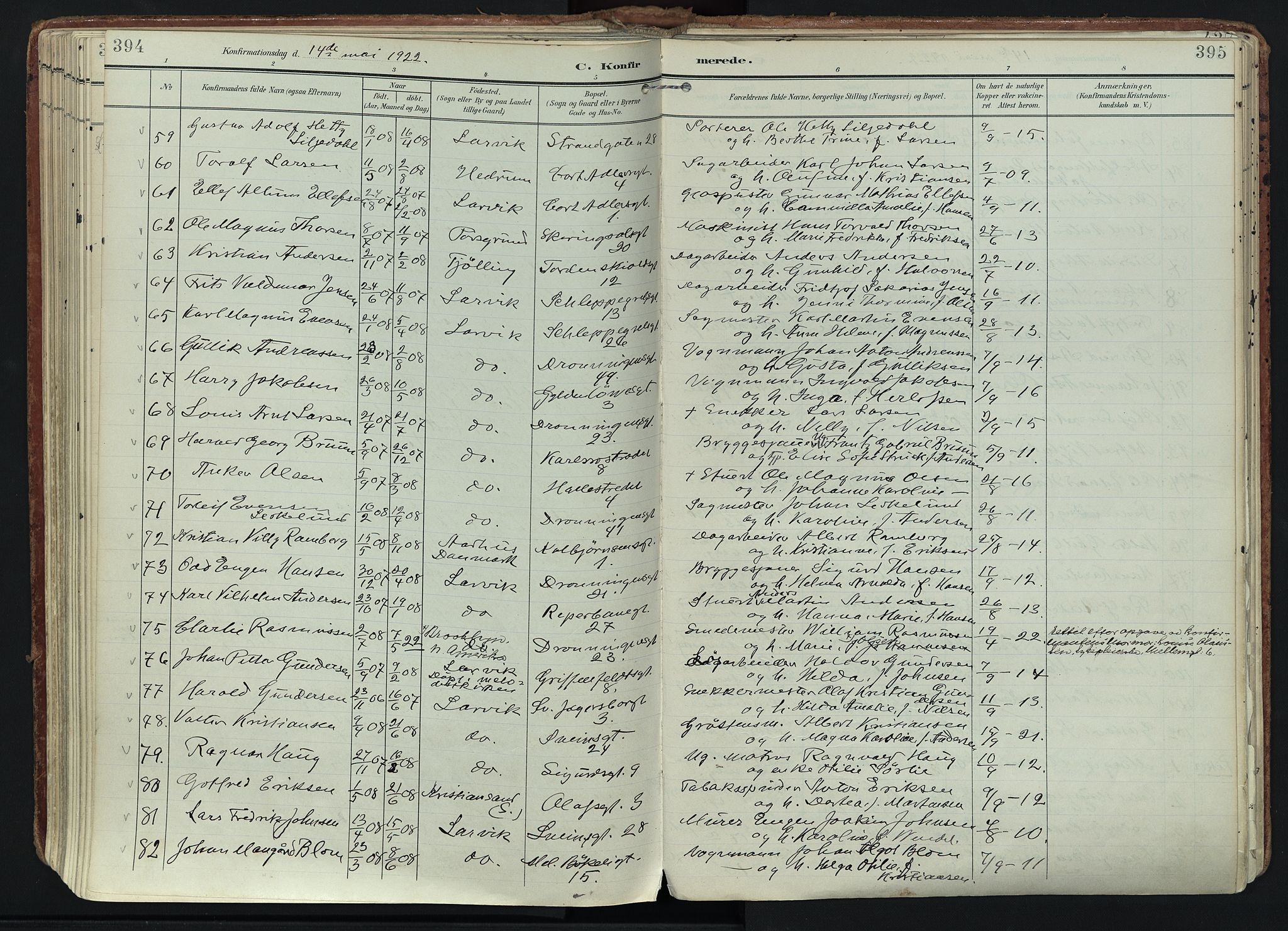 Larvik kirkebøker, SAKO/A-352/F/Fa/L0011: Parish register (official) no. I 11, 1902-1922, p. 394-395