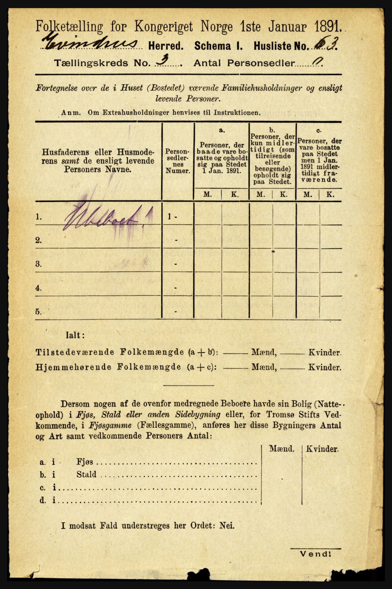 RA, 1891 census for 1853 Evenes, 1891, p. 741