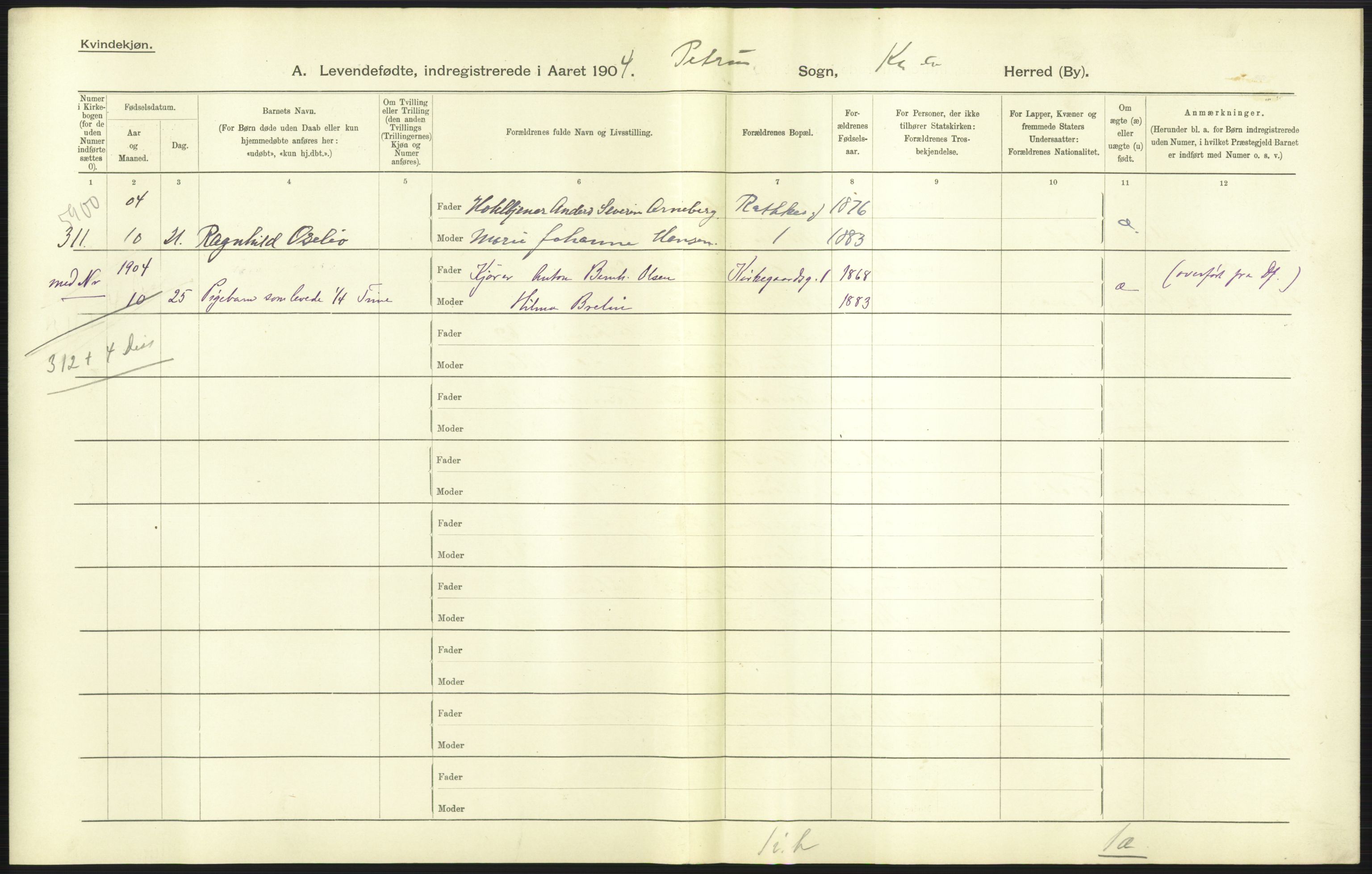 Statistisk sentralbyrå, Sosiodemografiske emner, Befolkning, AV/RA-S-2228/D/Df/Dfa/Dfab/L0003: Kristiania: Fødte, 1904, p. 693