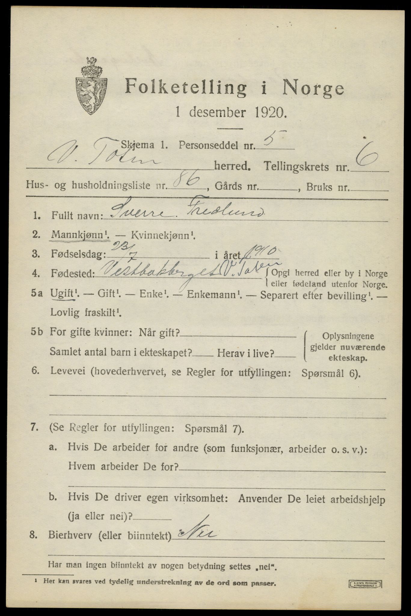 SAH, 1920 census for Vestre Toten, 1920, p. 9138