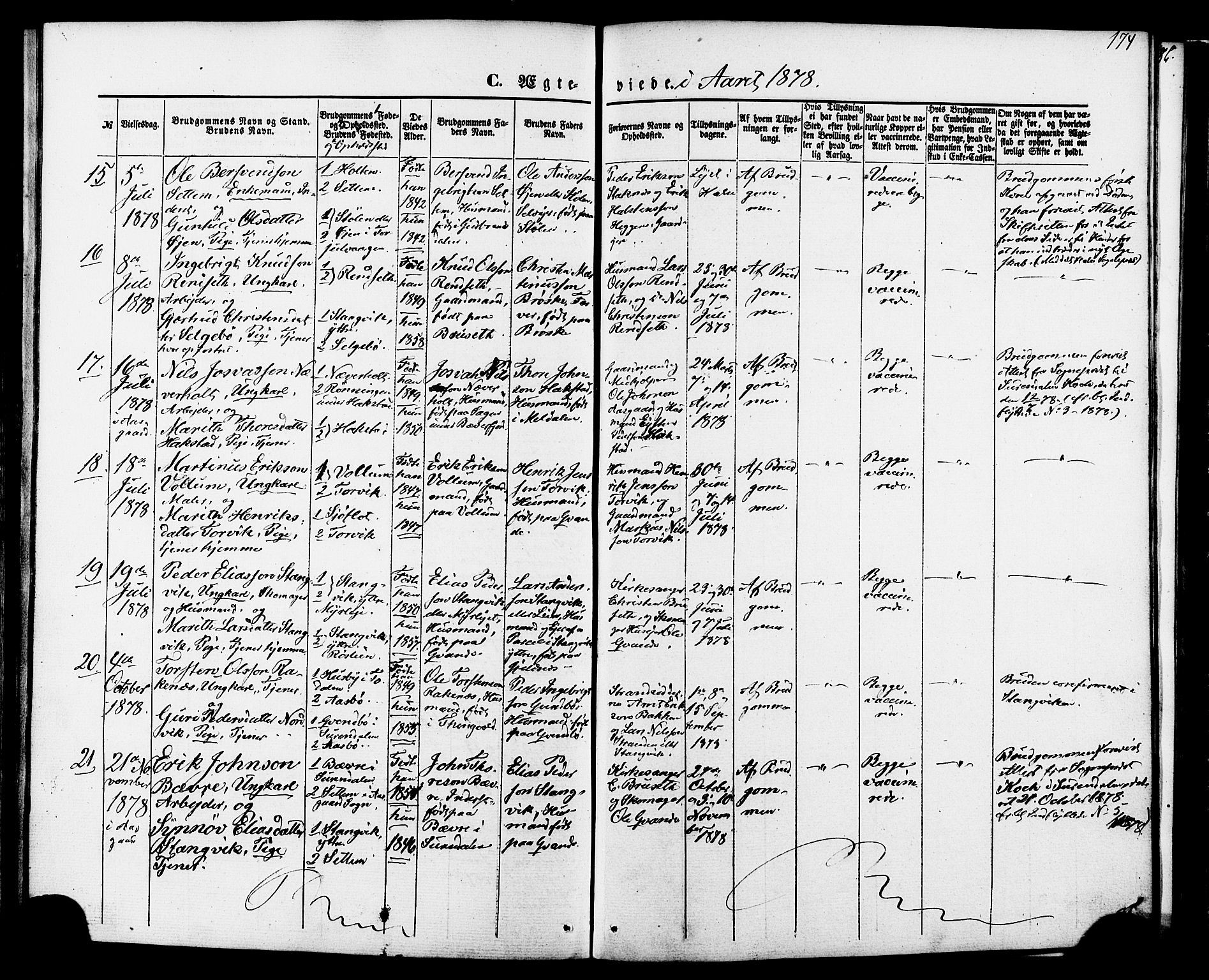 Ministerialprotokoller, klokkerbøker og fødselsregistre - Møre og Romsdal, AV/SAT-A-1454/592/L1027: Parish register (official) no. 592A05, 1865-1878, p. 174