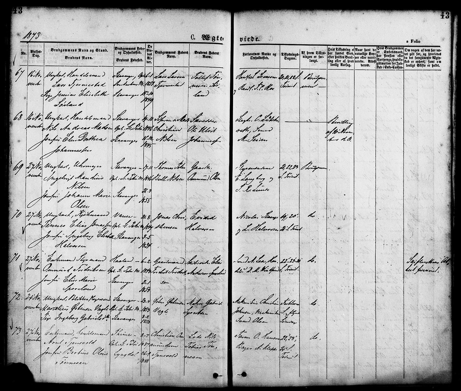 St. Petri sokneprestkontor, AV/SAST-A-101813/001/30/30BA/L0010: Parish register (official) no. A 10, 1869-1878, p. 43