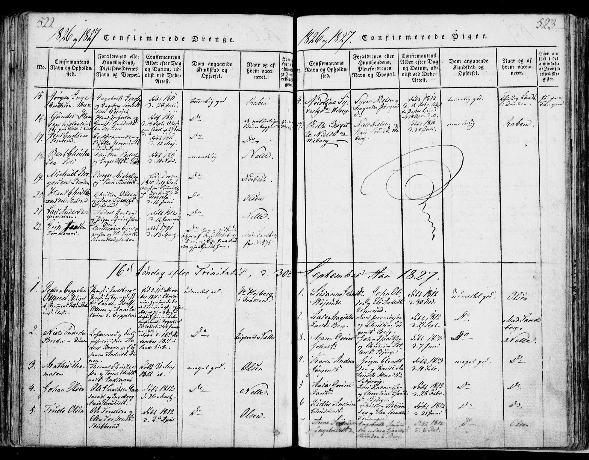 Sande Kirkebøker, SAKO/A-53/F/Fa/L0003: Parish register (official) no. 3, 1814-1847, p. 522-523