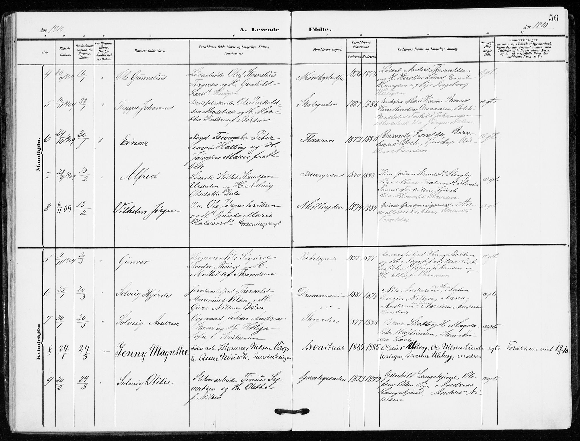 Kongsberg kirkebøker, AV/SAKO-A-22/F/Fb/L0004: Parish register (official) no. II 4, 1906-1918, p. 56