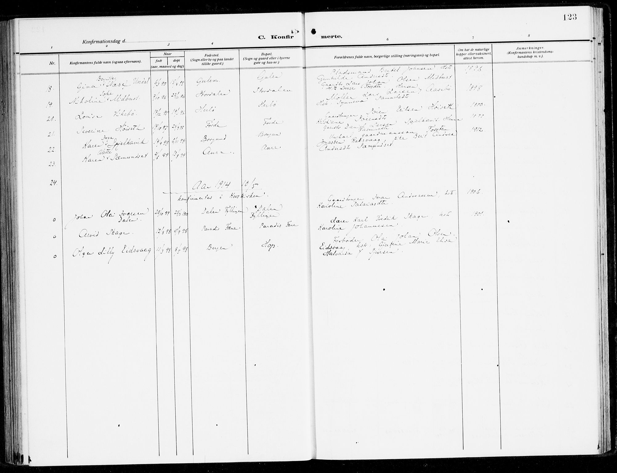 Fana Sokneprestembete, SAB/A-75101/H/Haa/Haai/L0004: Parish register (official) no. I 4, 1912-1933, p. 123