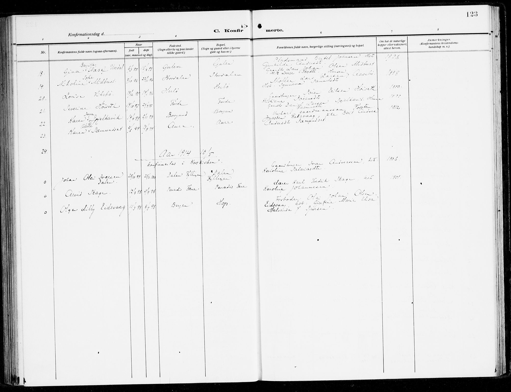 Fana Sokneprestembete, AV/SAB-A-75101/H/Haa/Haai/L0004: Parish register (official) no. I 4, 1912-1933, p. 123