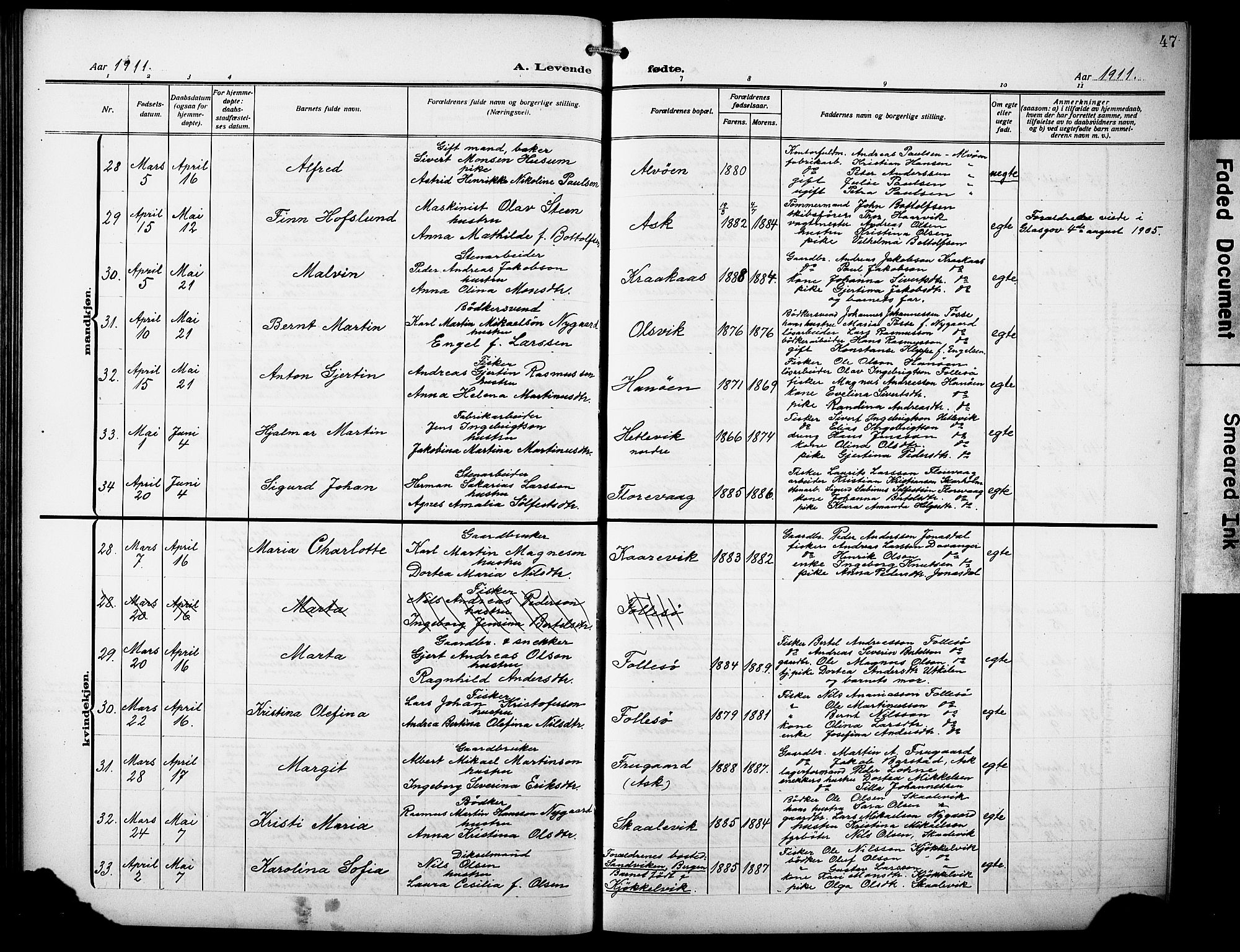 Askøy Sokneprestembete, AV/SAB-A-74101/H/Ha/Hab/Haba/L0011: Parish register (copy) no. A 11, 1908-1931, p. 47