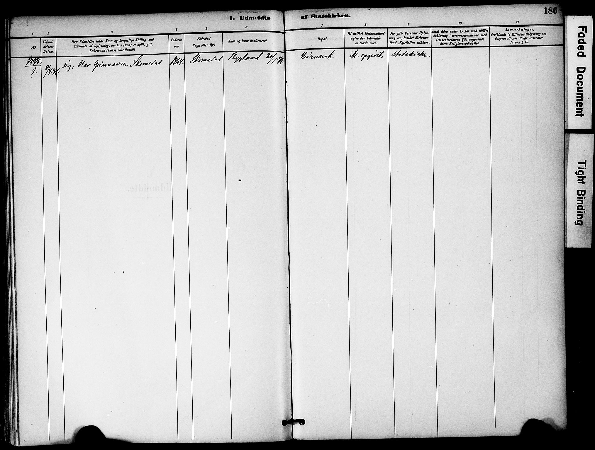 Bygland sokneprestkontor, AV/SAK-1111-0006/F/Fa/Fab/L0007: Parish register (official) no. A 7, 1885-1909, p. 186