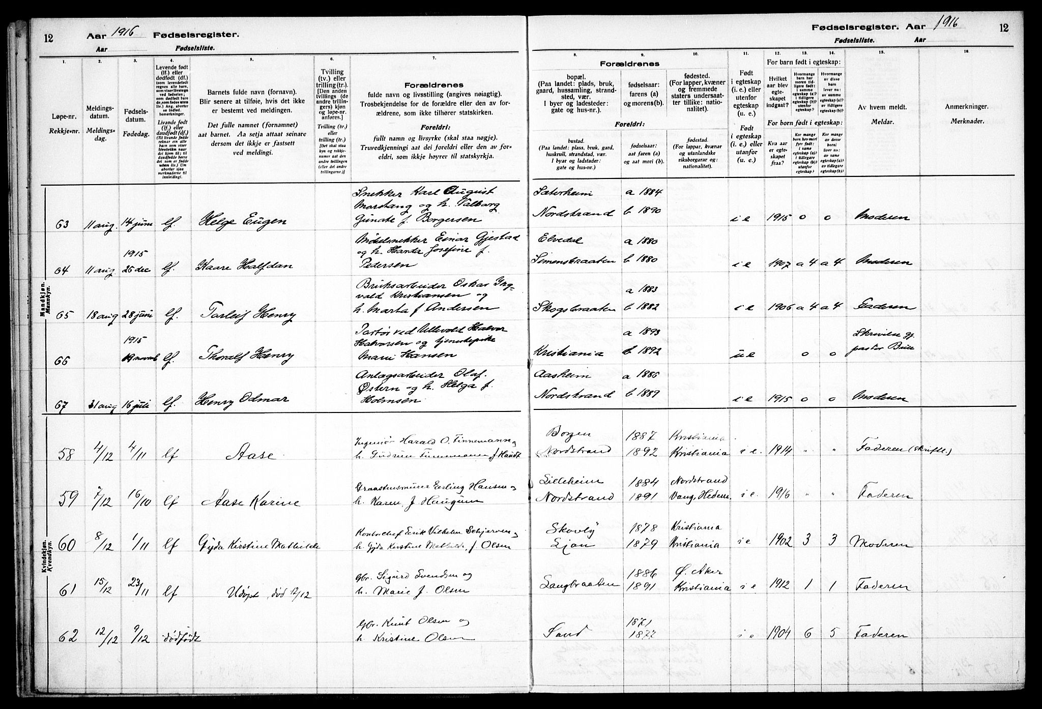 Nordstrand prestekontor Kirkebøker, AV/SAO-A-10362a/J/Ja/L0001: Birth register no. I 1, 1916-1924, p. 12