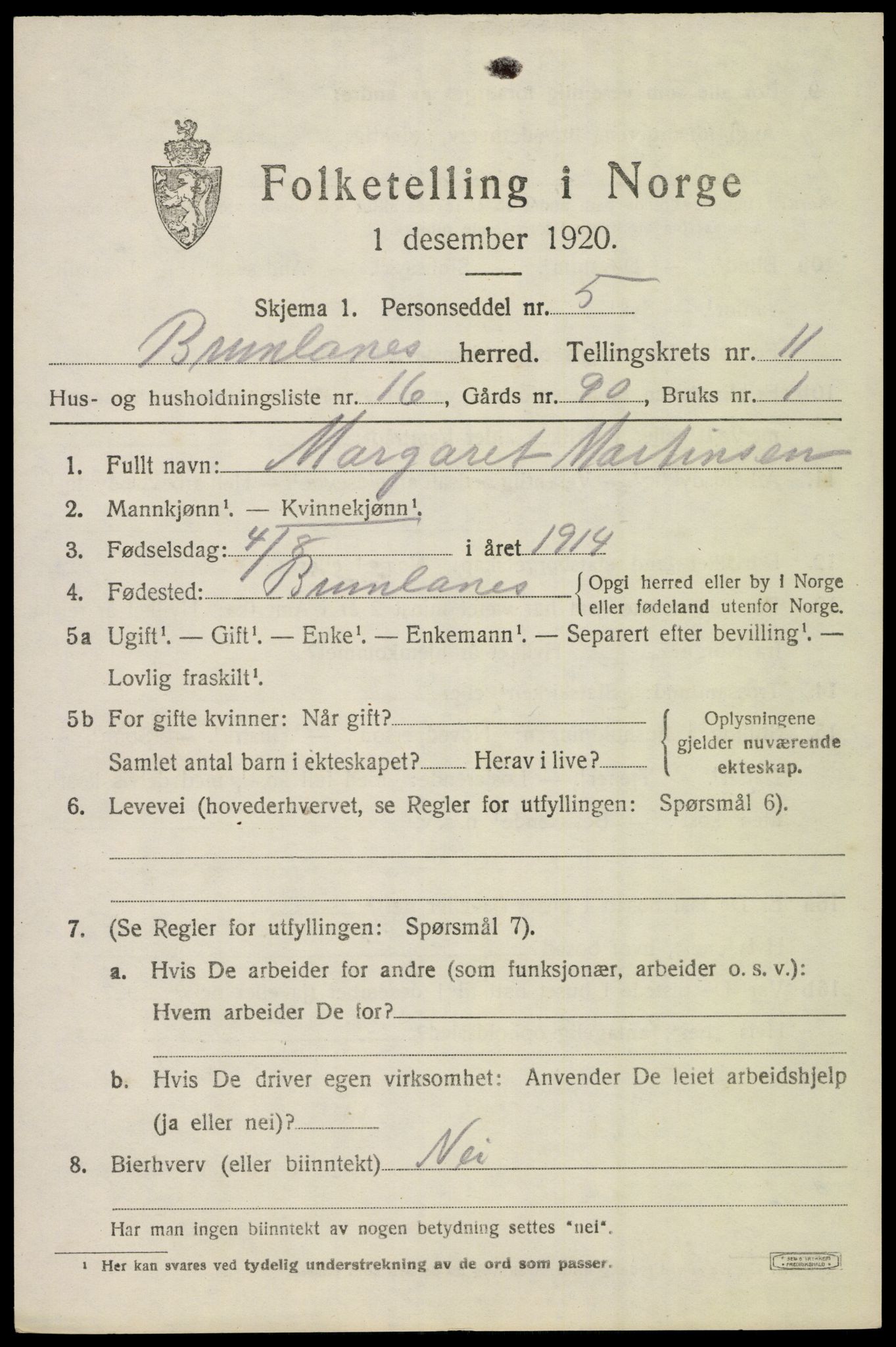 SAKO, 1920 census for Brunlanes, 1920, p. 9715
