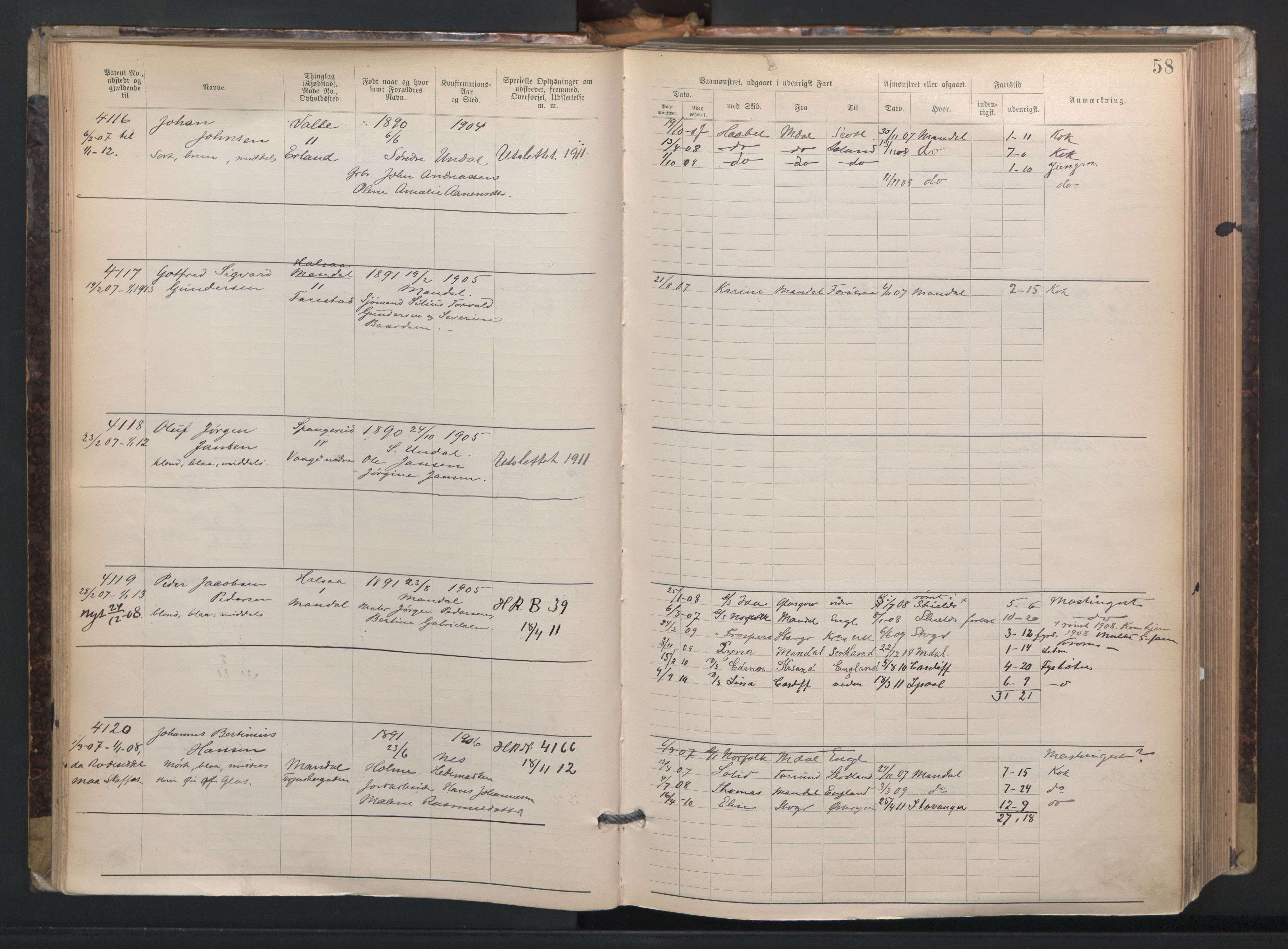 Mandal mønstringskrets, AV/SAK-2031-0016/F/Fa/L0003: Annotasjonsrulle nr 3831-4730 med register, L-5, 1900-1948, p. 82