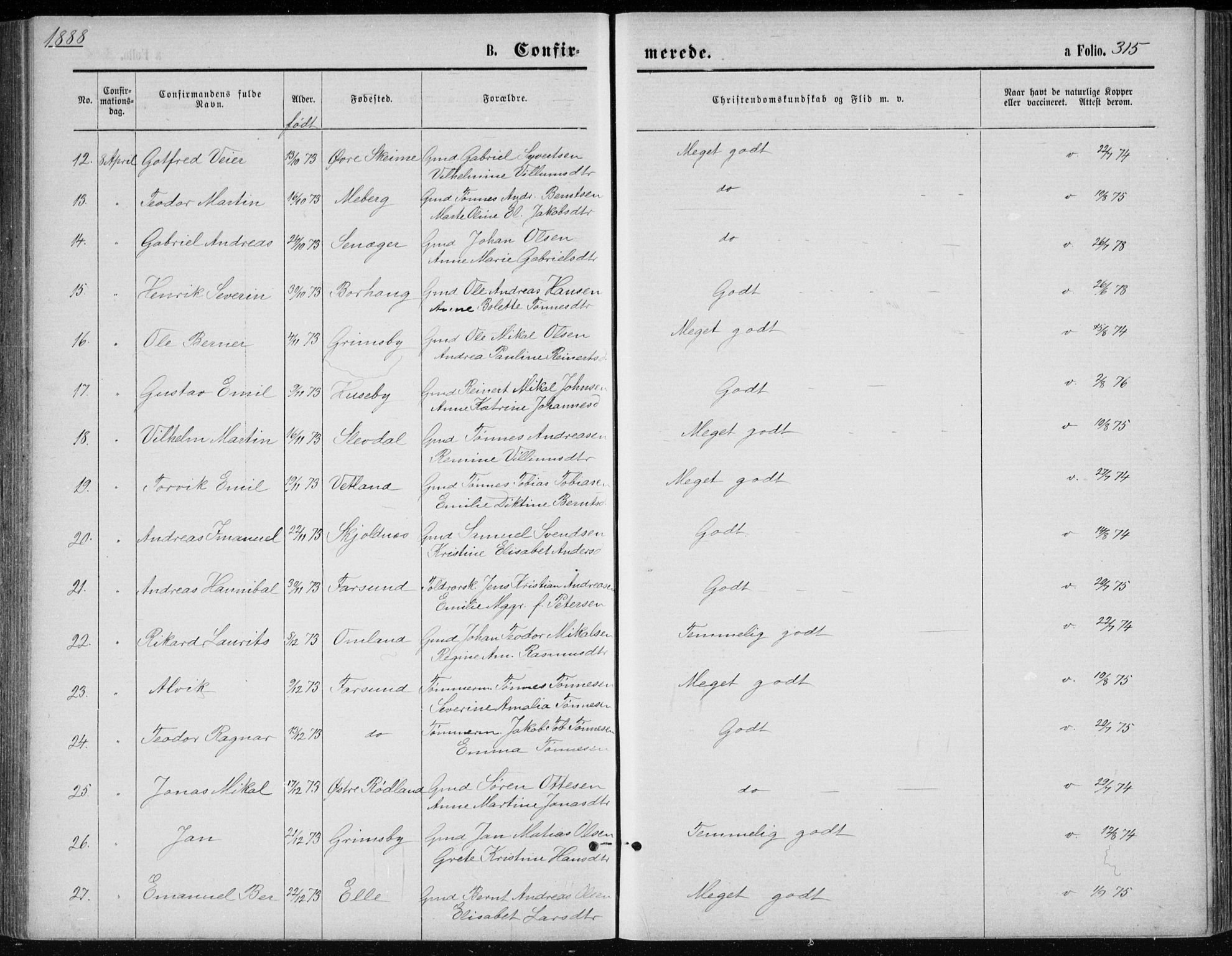 Lista sokneprestkontor, AV/SAK-1111-0027/F/Fb/L0004: Parish register (copy) no. B 4, 1877-1891, p. 315