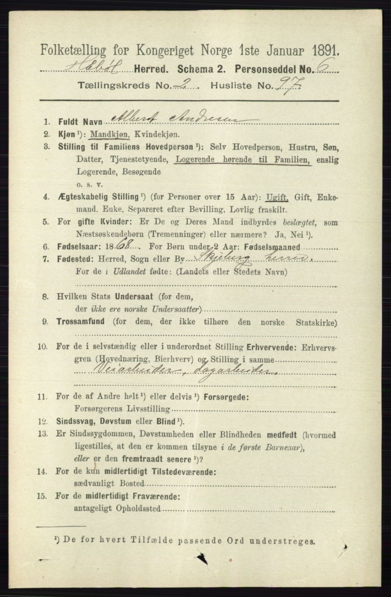 RA, 1891 census for 0138 Hobøl, 1891, p. 1587