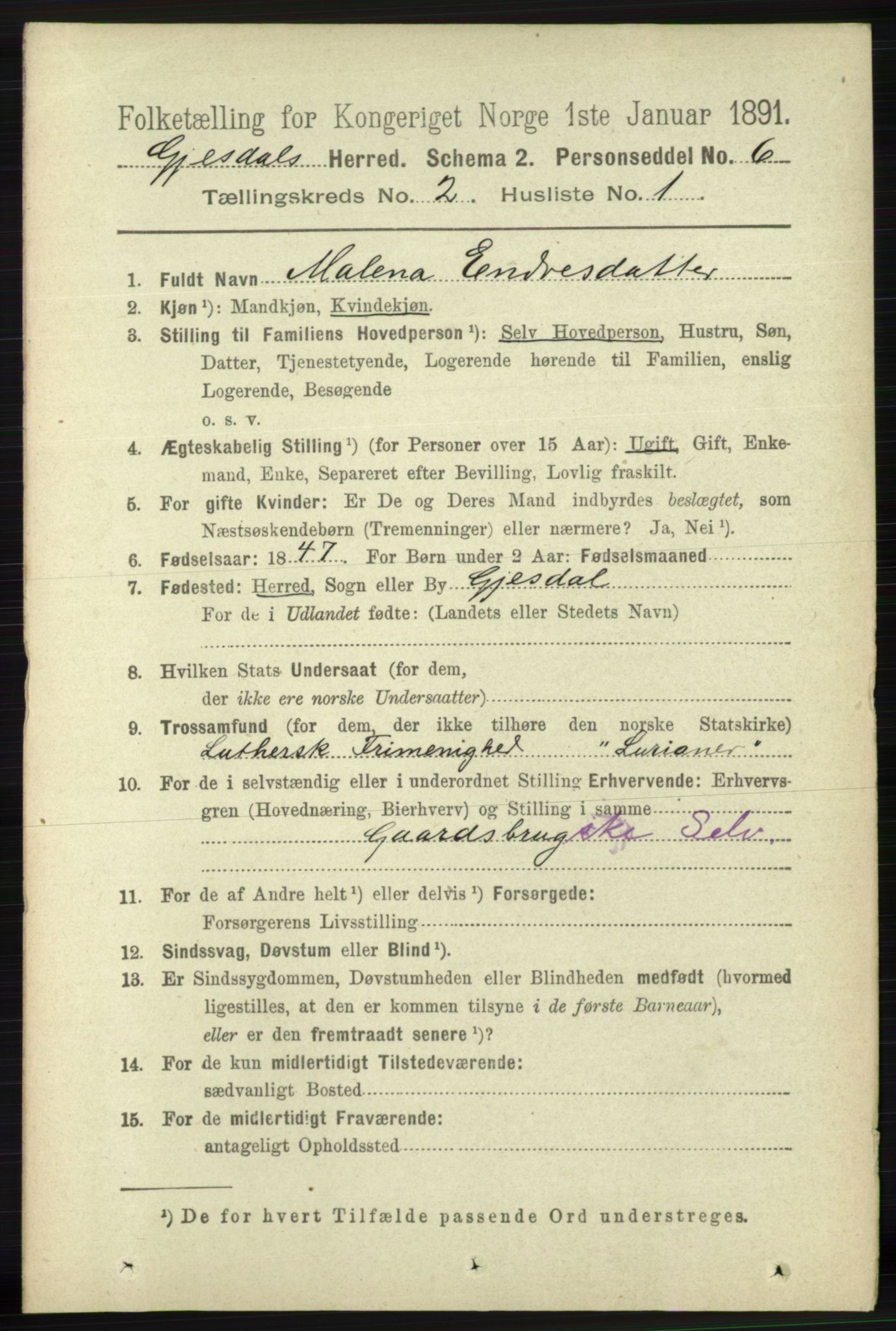 RA, 1891 census for 1122 Gjesdal, 1891, p. 388