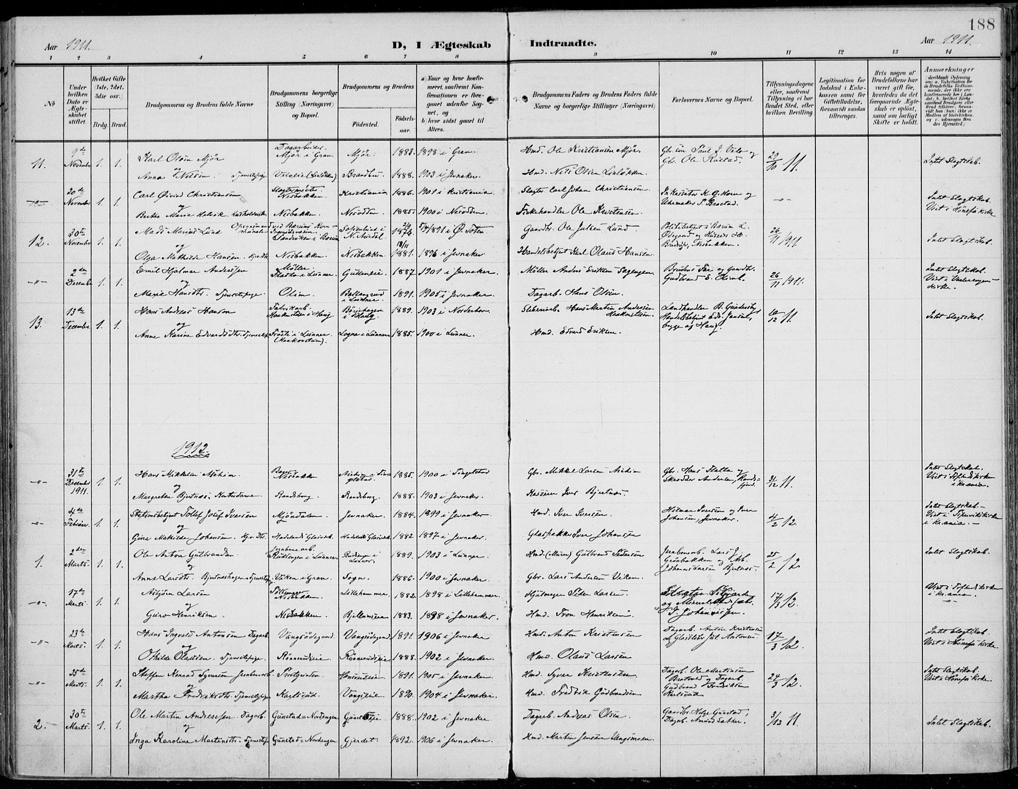 Jevnaker prestekontor, SAH/PREST-116/H/Ha/Haa/L0011: Parish register (official) no. 11, 1902-1913, p. 188