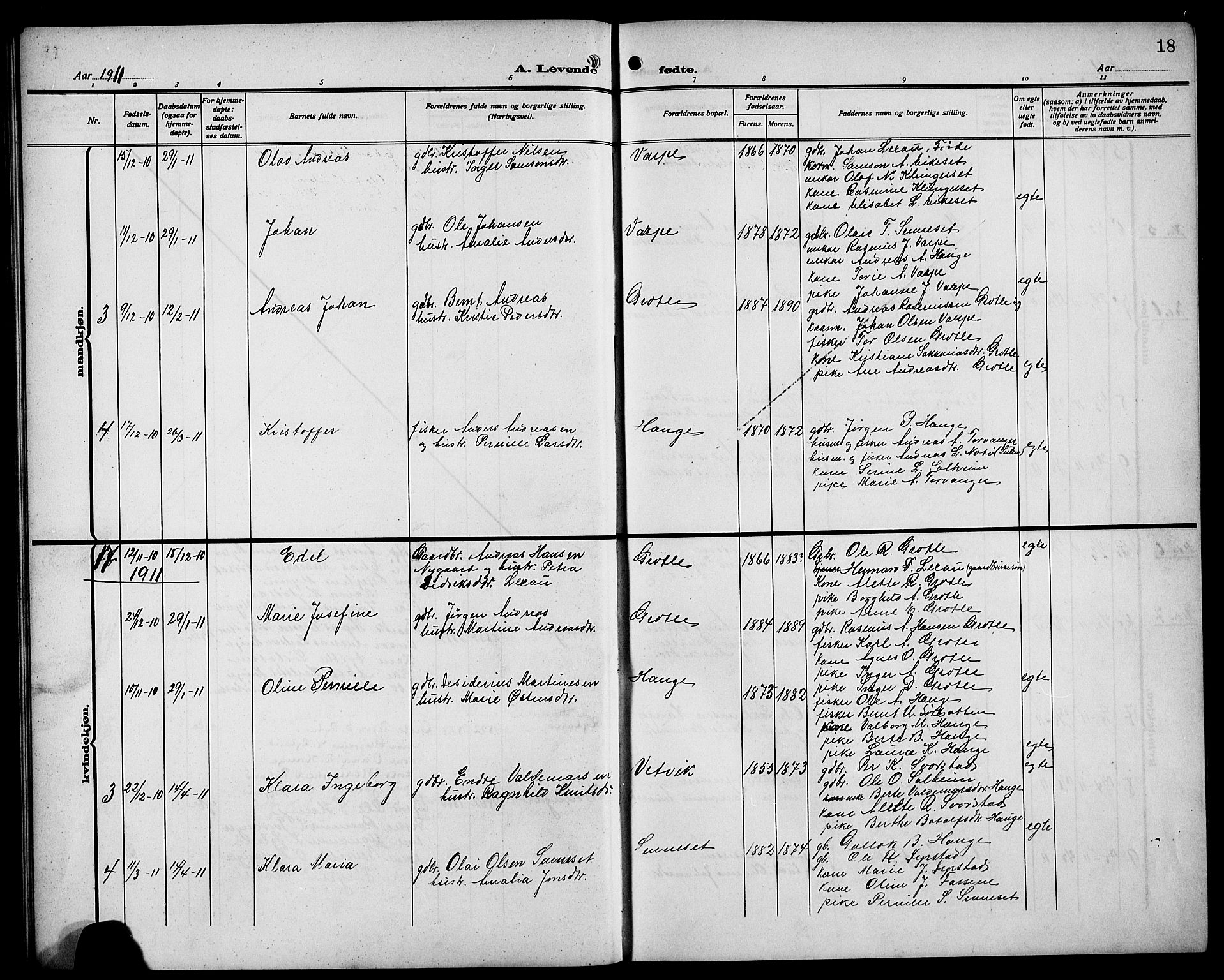Bremanger sokneprestembete, SAB/A-82201/H/Hab/Habc/L0001: Parish register (copy) no. C 1, 1908-1919, p. 18