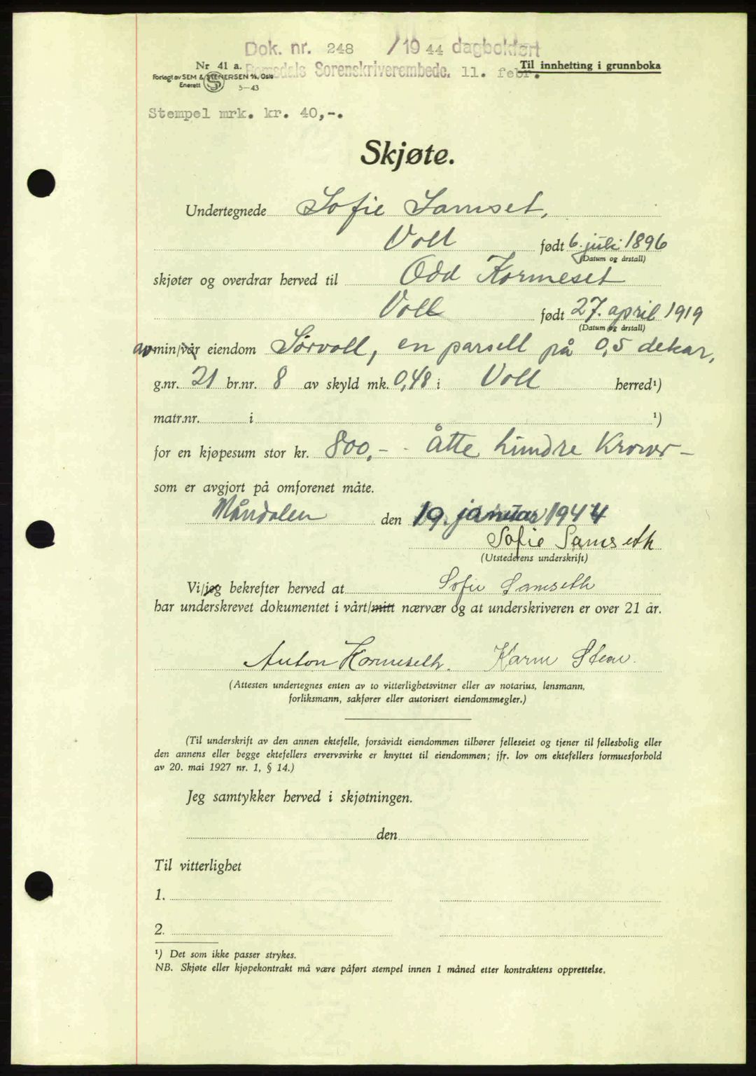 Romsdal sorenskriveri, AV/SAT-A-4149/1/2/2C: Mortgage book no. A15, 1943-1944, Diary no: : 248/1944