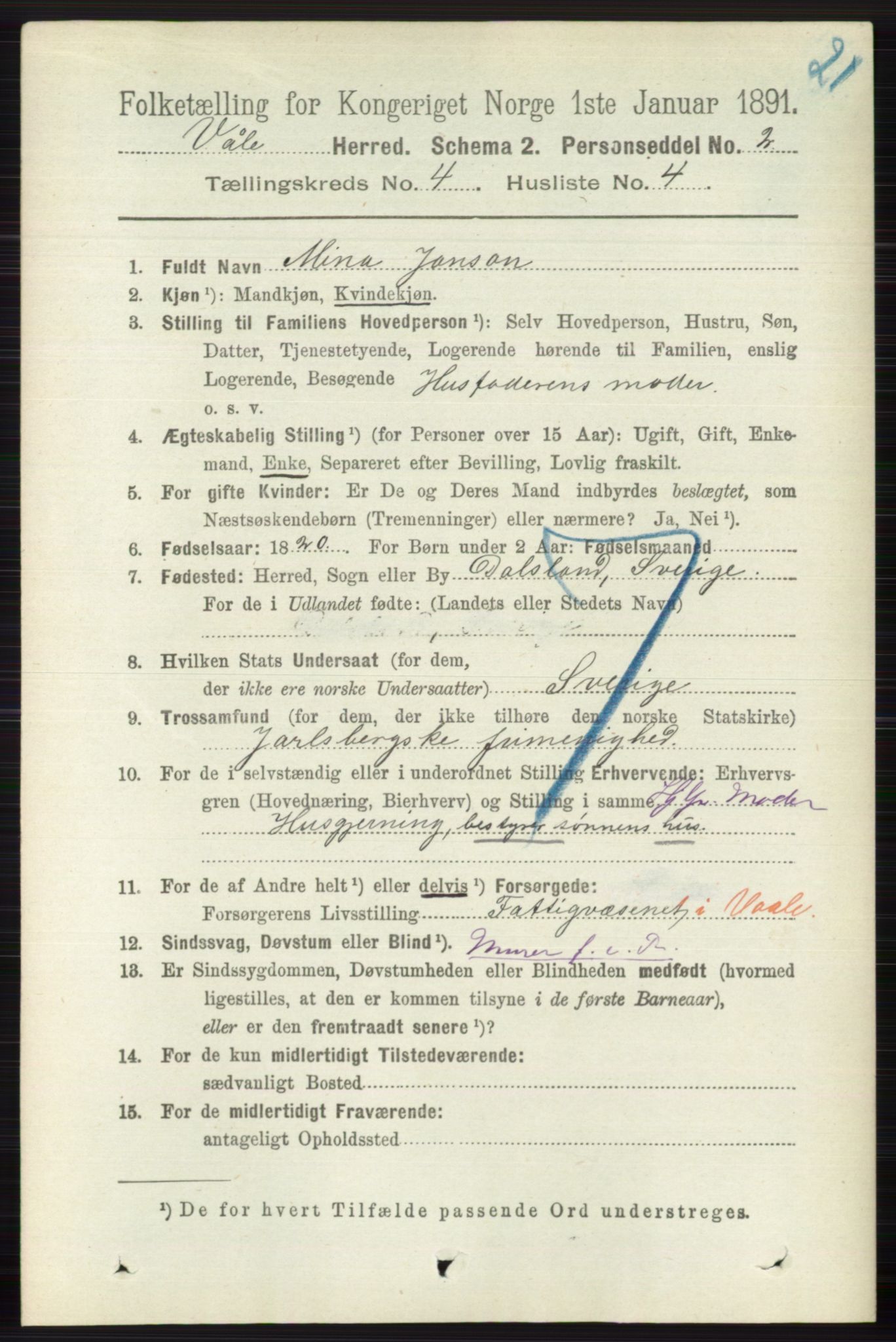 RA, 1891 census for 0716 Våle, 1891, p. 1008