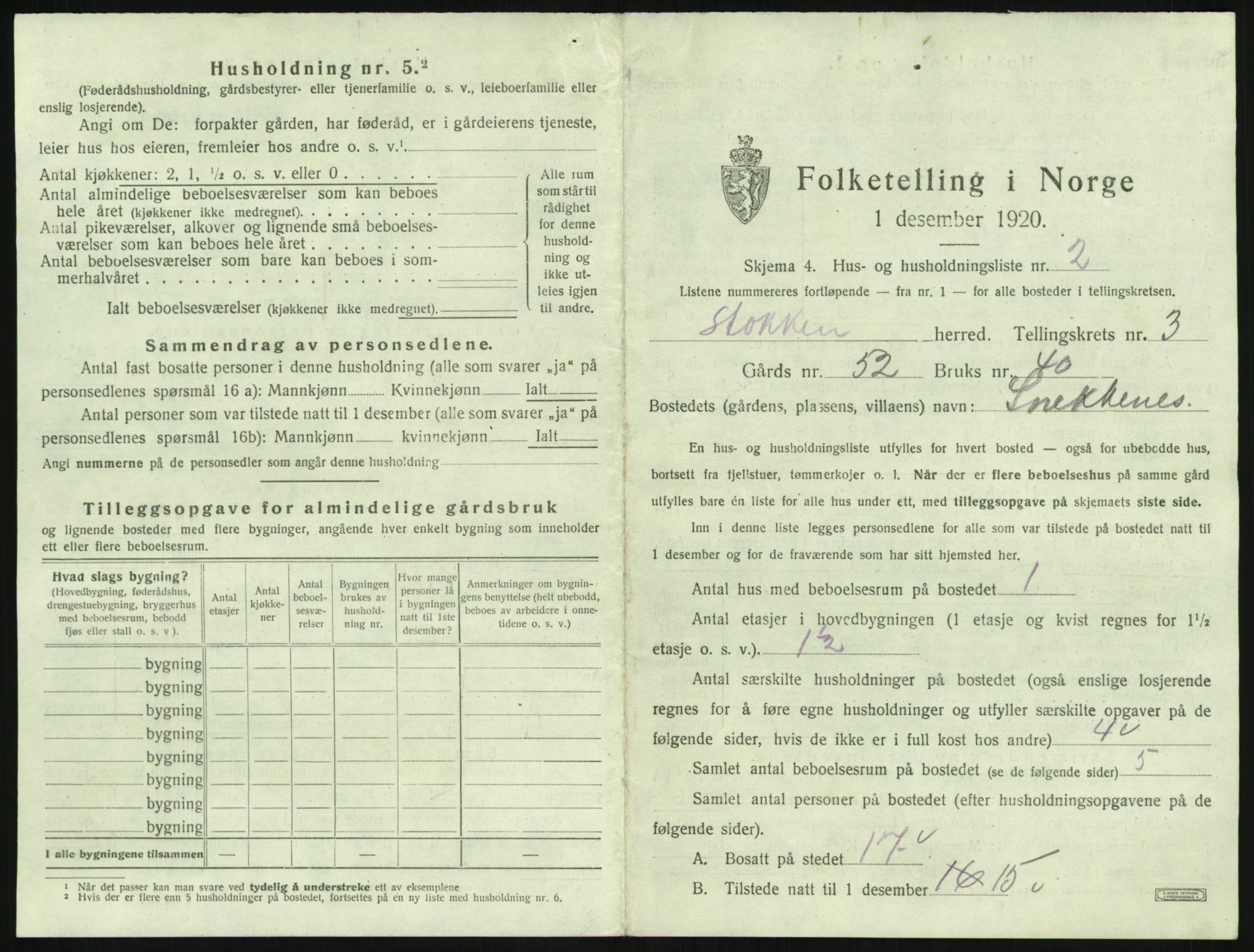 SAK, 1920 census for Stokken, 1920, p. 308