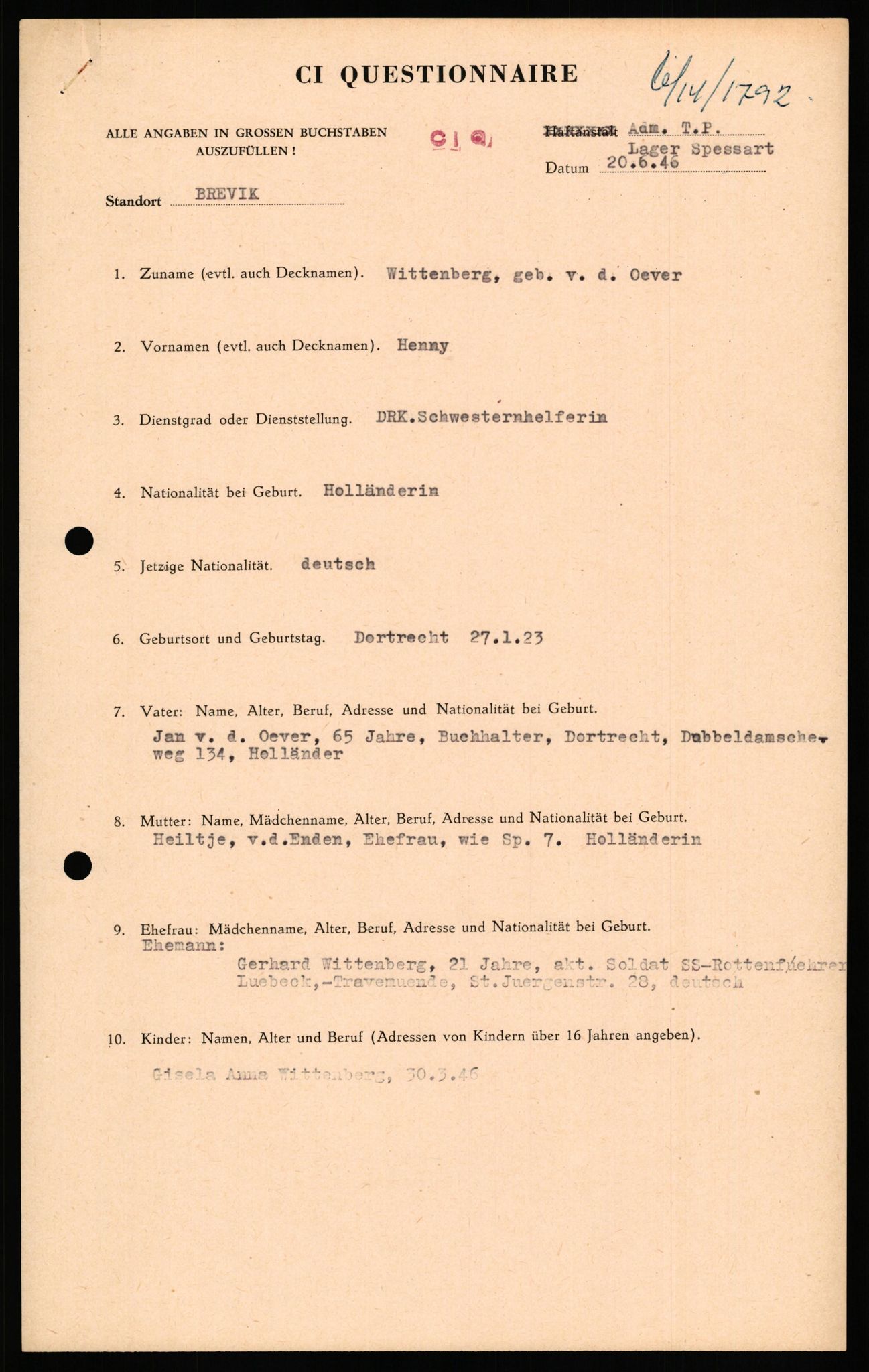 Forsvaret, Forsvarets overkommando II, AV/RA-RAFA-3915/D/Db/L0036: CI Questionaires. Tyske okkupasjonsstyrker i Norge. Tyskere., 1945-1946, p. 359