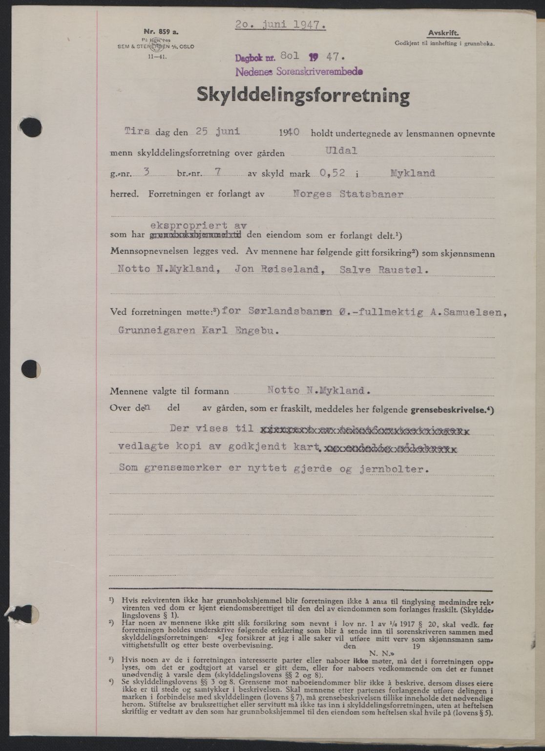 Nedenes sorenskriveri, SAK/1221-0006/G/Gb/Gba/L0057: Mortgage book no. A9, 1947-1947, Diary no: : 801/1947