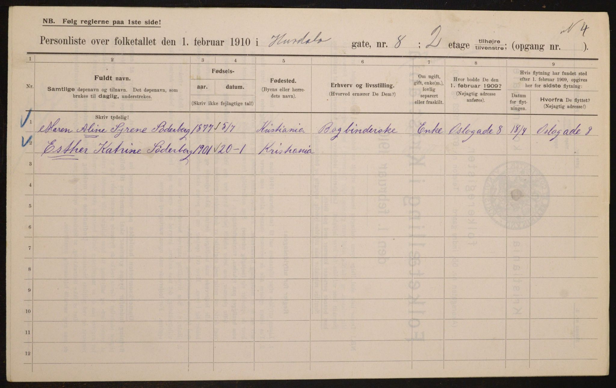 OBA, Municipal Census 1910 for Kristiania, 1910, p. 41439