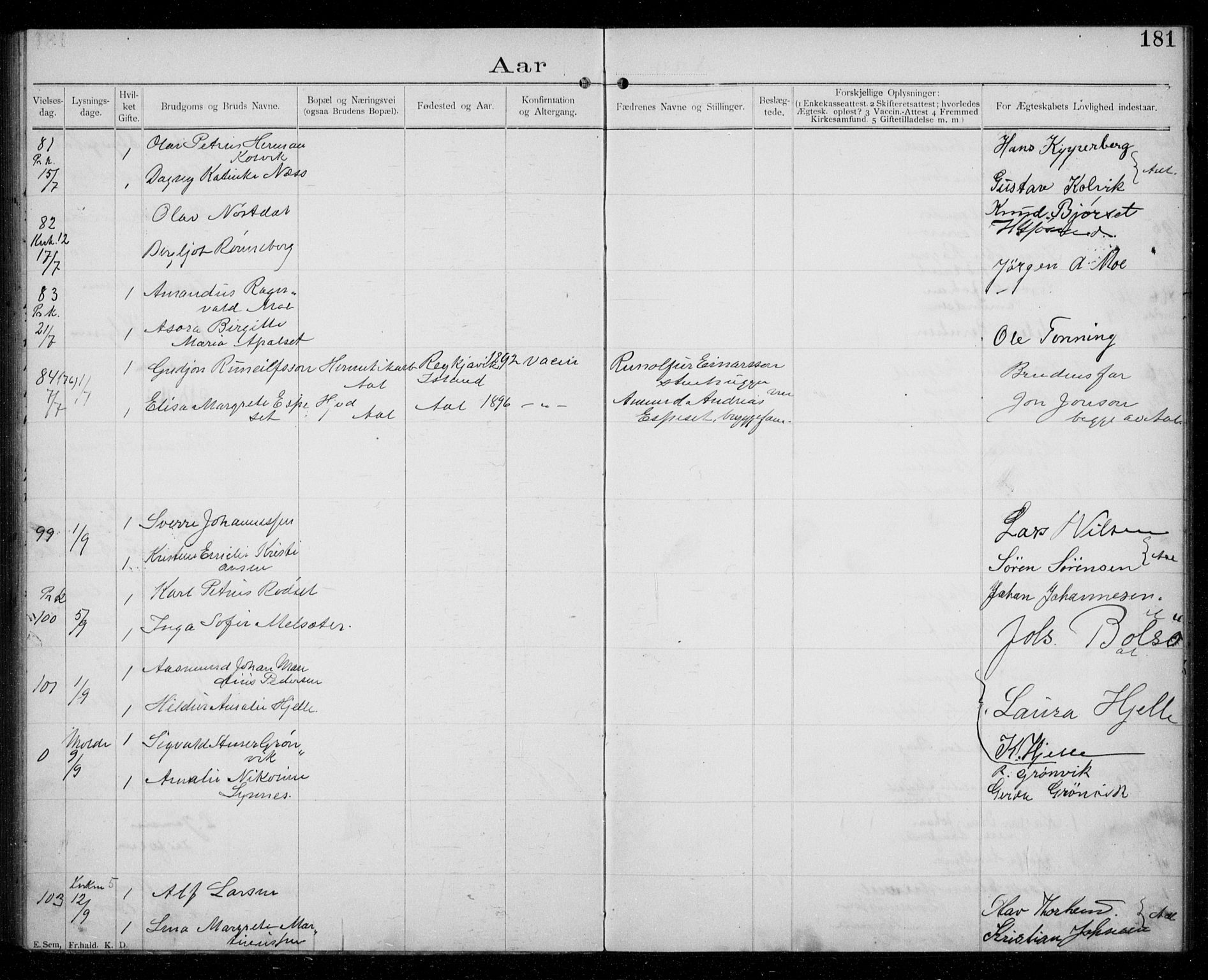 Ministerialprotokoller, klokkerbøker og fødselsregistre - Møre og Romsdal, AV/SAT-A-1454/529/L0458: Banns register no. 529A08, 1901-1918, p. 181