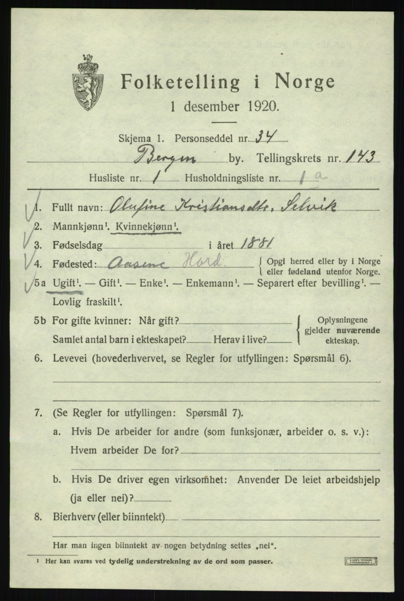 SAB, 1920 census for Bergen, 1920, p. 237922