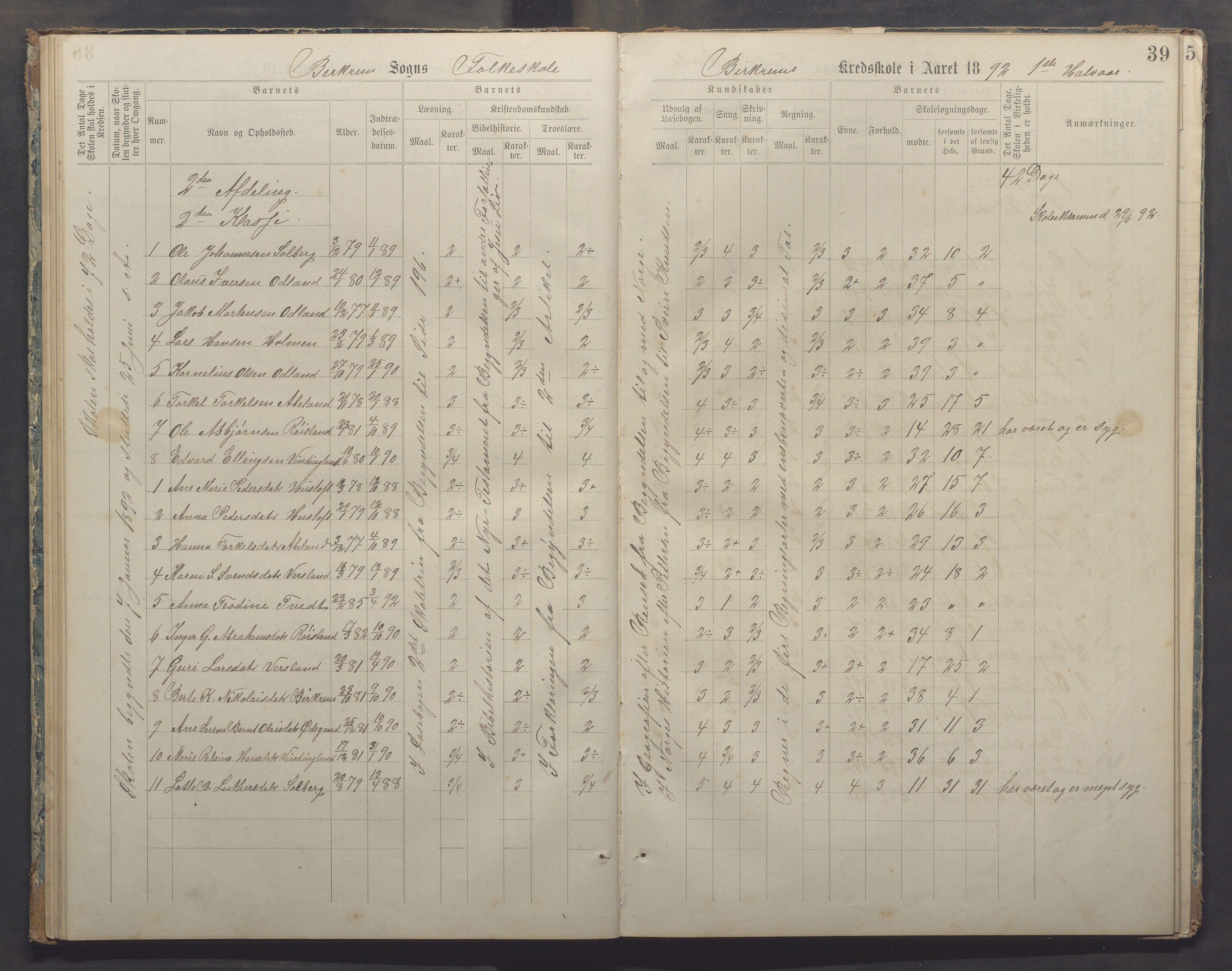 Bjerkreim kommune - Bjerkreim skule, IKAR/K-101541/H/L0002: Skuleprotokoll, 1886-1895, p. 38b-39a