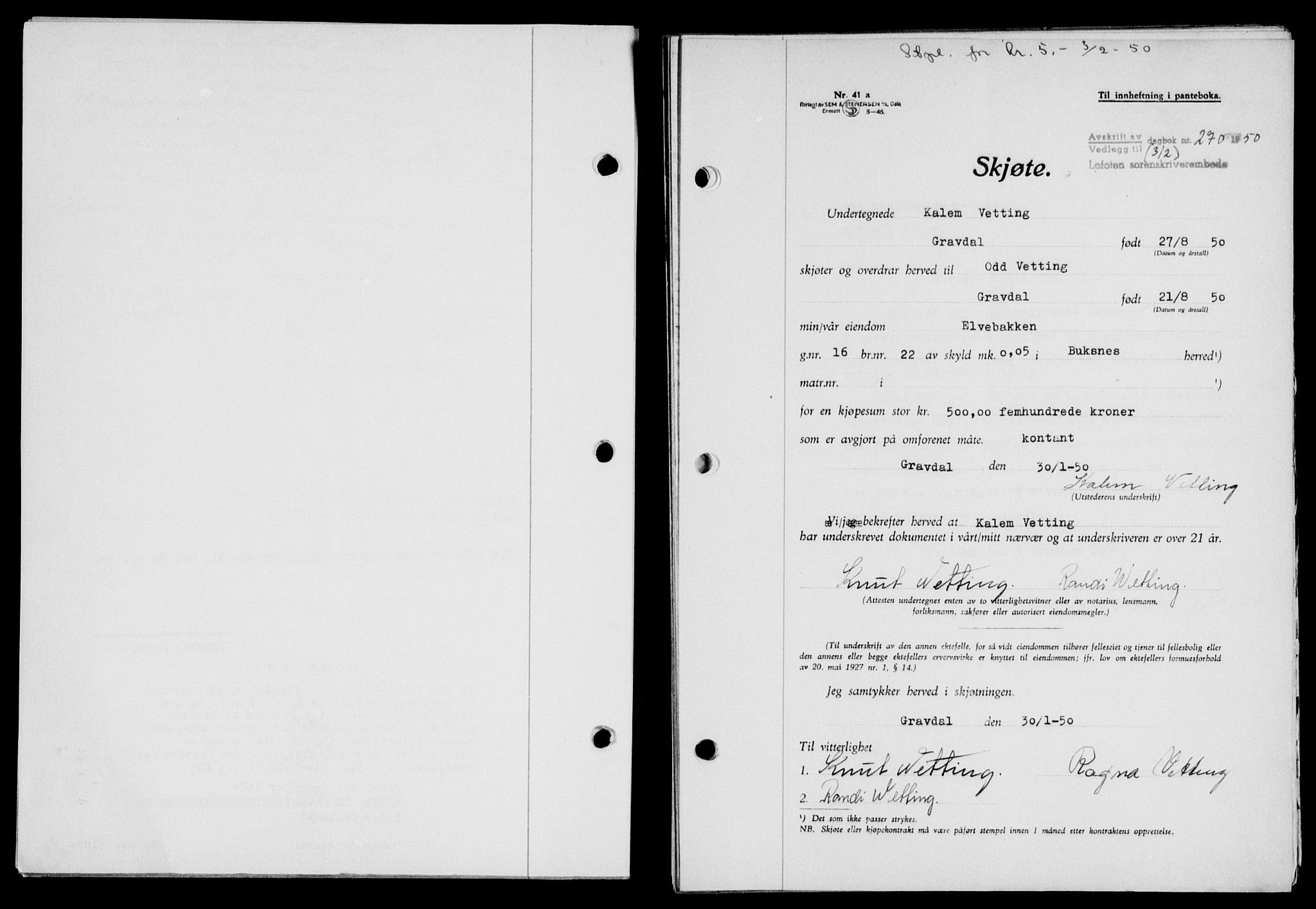 Lofoten sorenskriveri, SAT/A-0017/1/2/2C/L0023a: Mortgage book no. 23a, 1950-1950, Diary no: : 270/1950