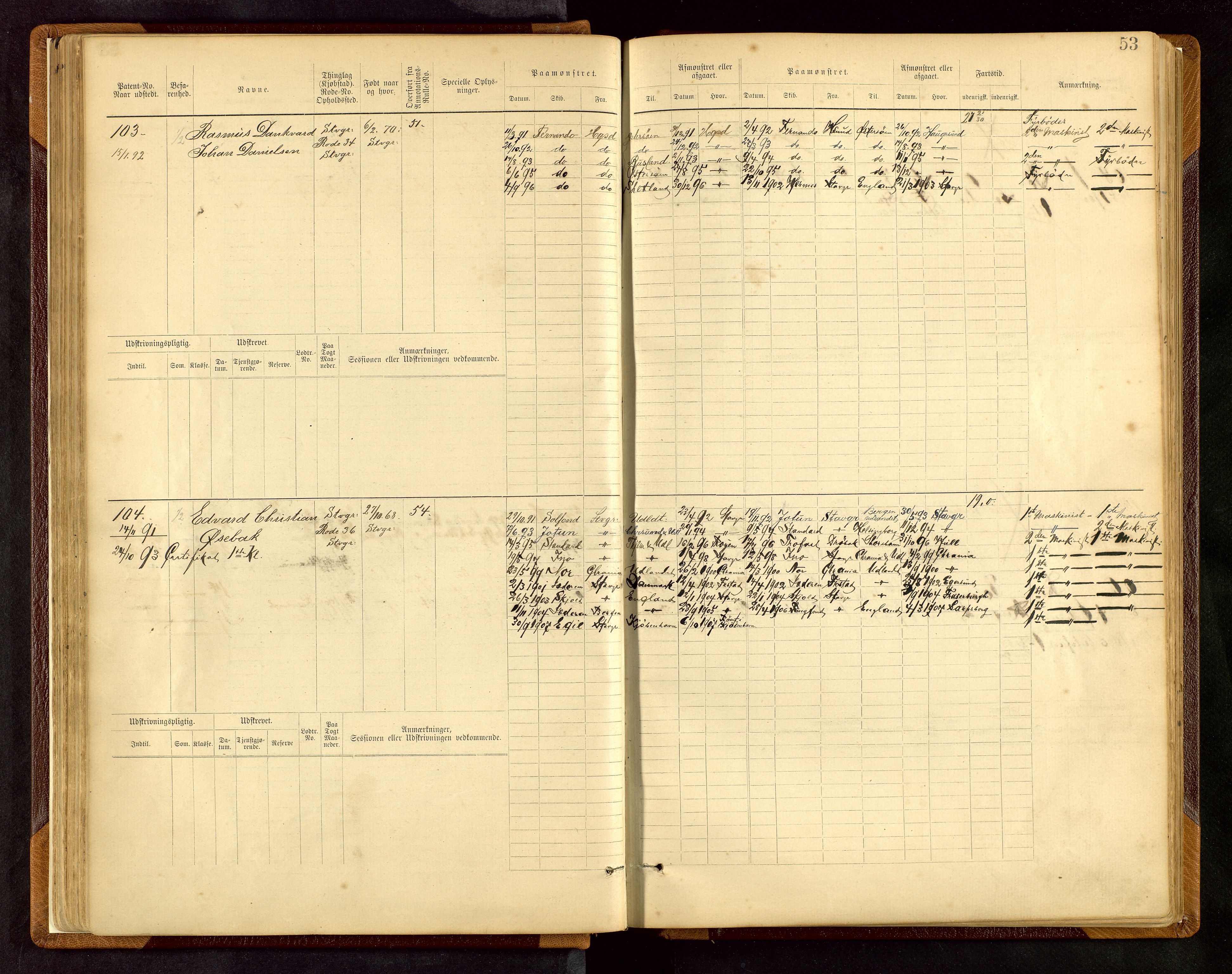 Stavanger sjømannskontor, AV/SAST-A-102006/F/Fe/L0001: Maskinist- og fyrbøterrulle, patentnr. 1-58/1-194, 1884-1894, p. 56