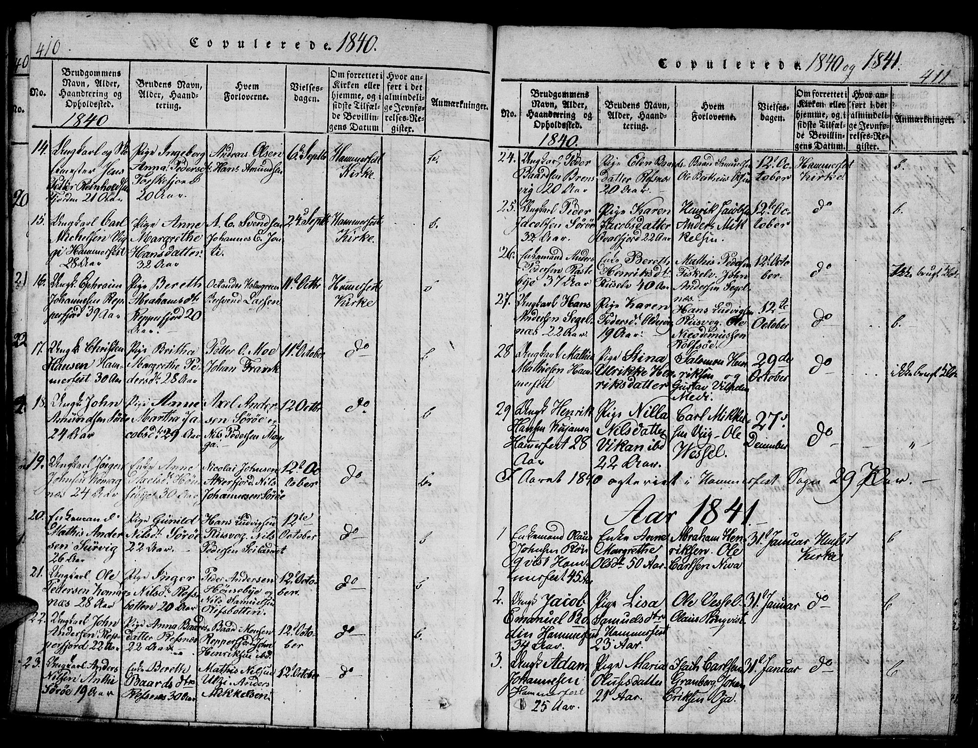 Hammerfest sokneprestkontor, AV/SATØ-S-1347/H/Hb/L0001.klokk: Parish register (copy) no. 1, 1822-1850, p. 410-411