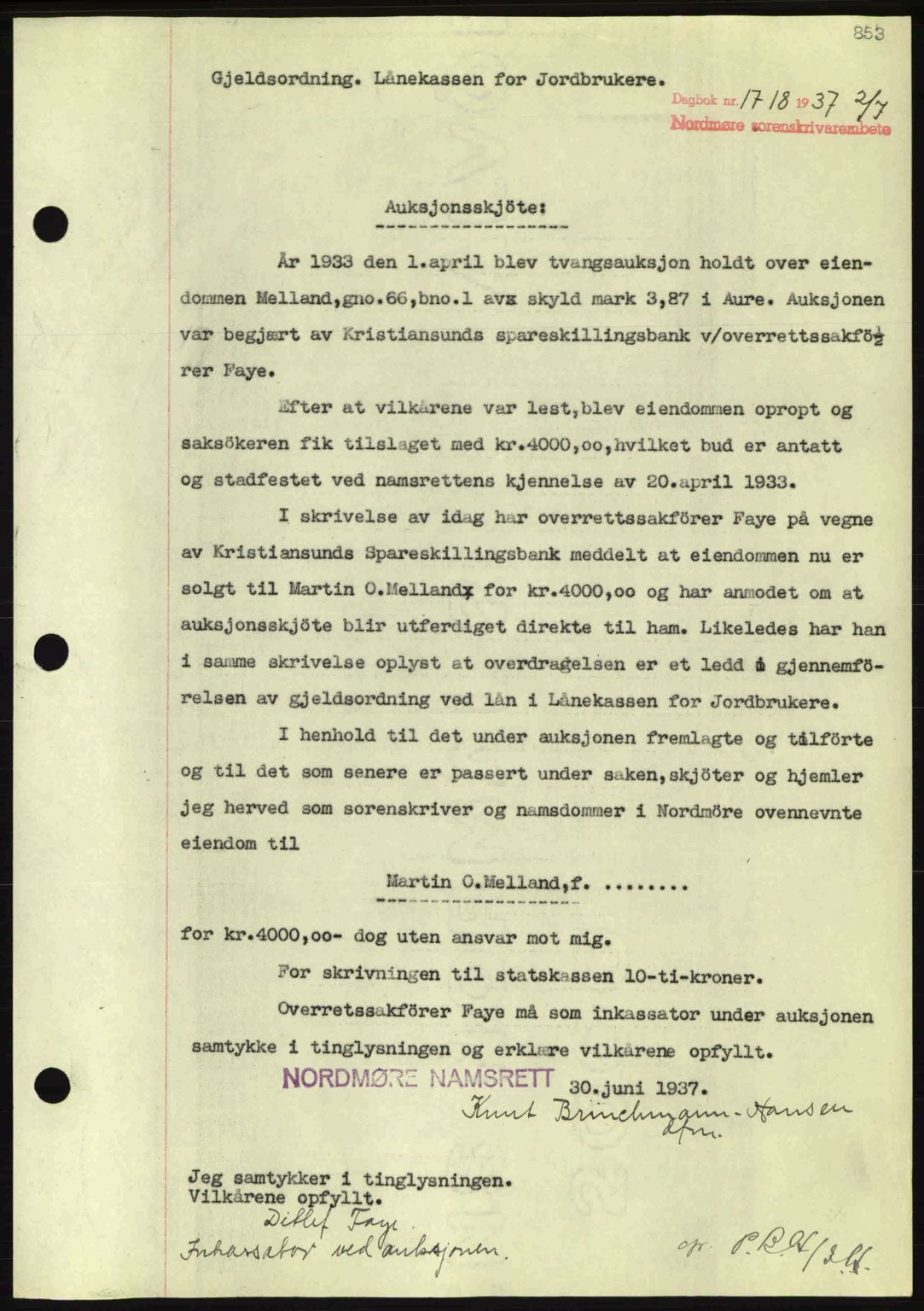 Nordmøre sorenskriveri, AV/SAT-A-4132/1/2/2Ca: Mortgage book no. A81, 1937-1937, Diary no: : 1718/1937