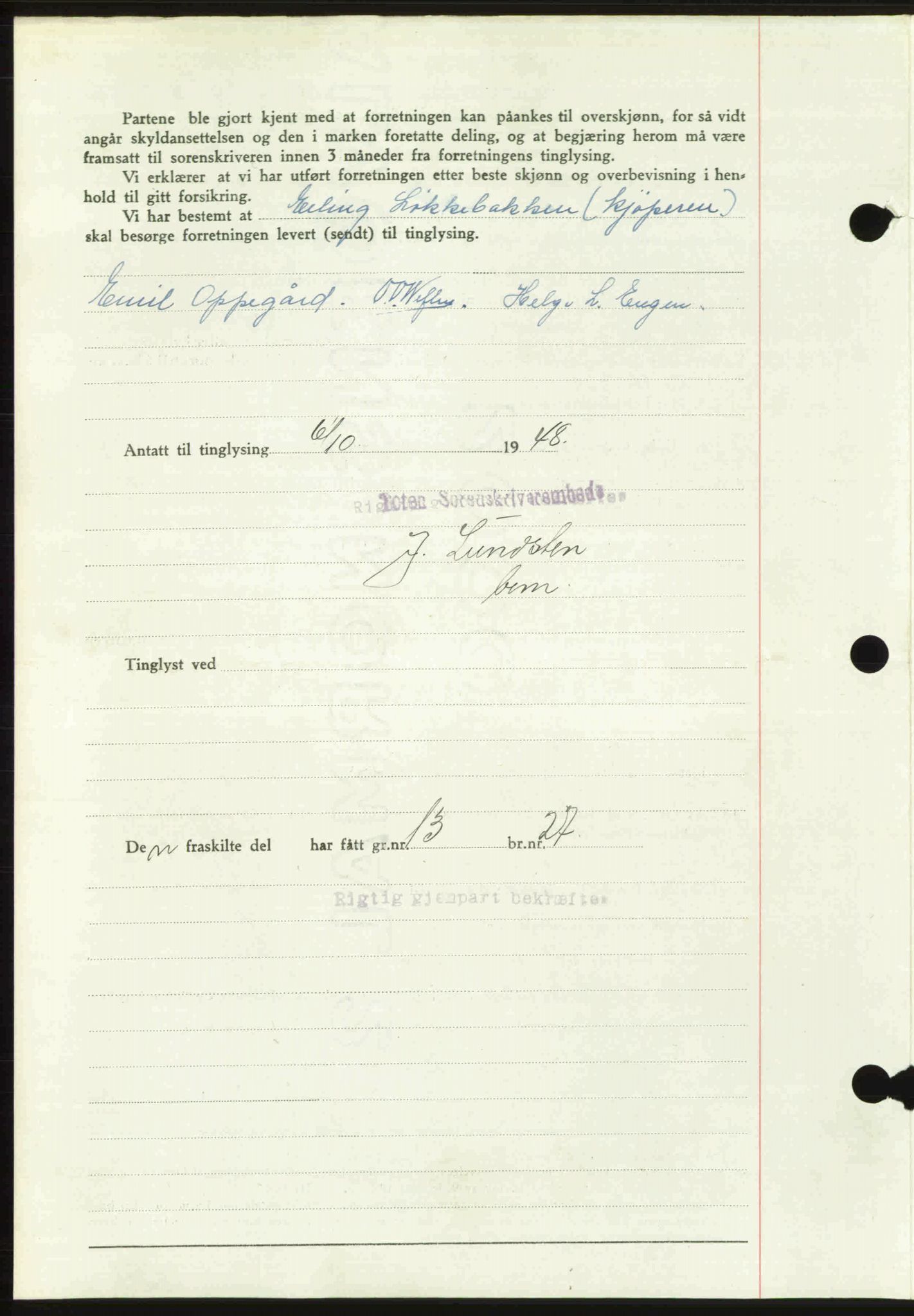 Toten tingrett, SAH/TING-006/H/Hb/Hbc/L0020: Mortgage book no. Hbc-20, 1948-1948, Diary no: : 3202/1948