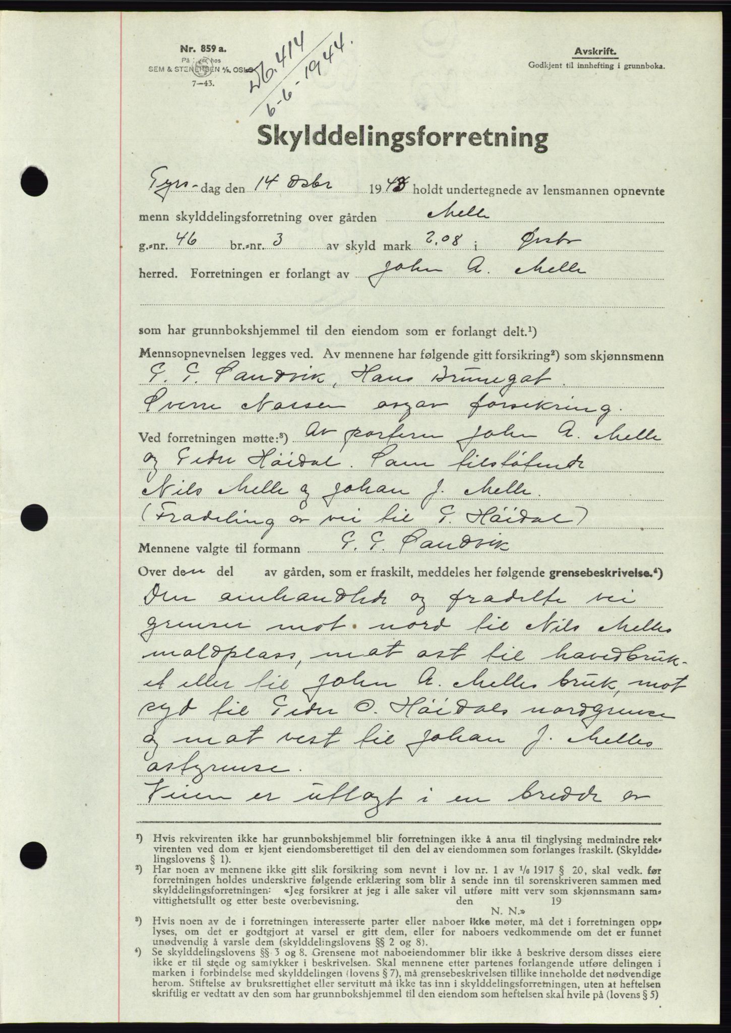 Søre Sunnmøre sorenskriveri, SAT/A-4122/1/2/2C/L0076: Mortgage book no. 2A, 1943-1944, Diary no: : 414/1944