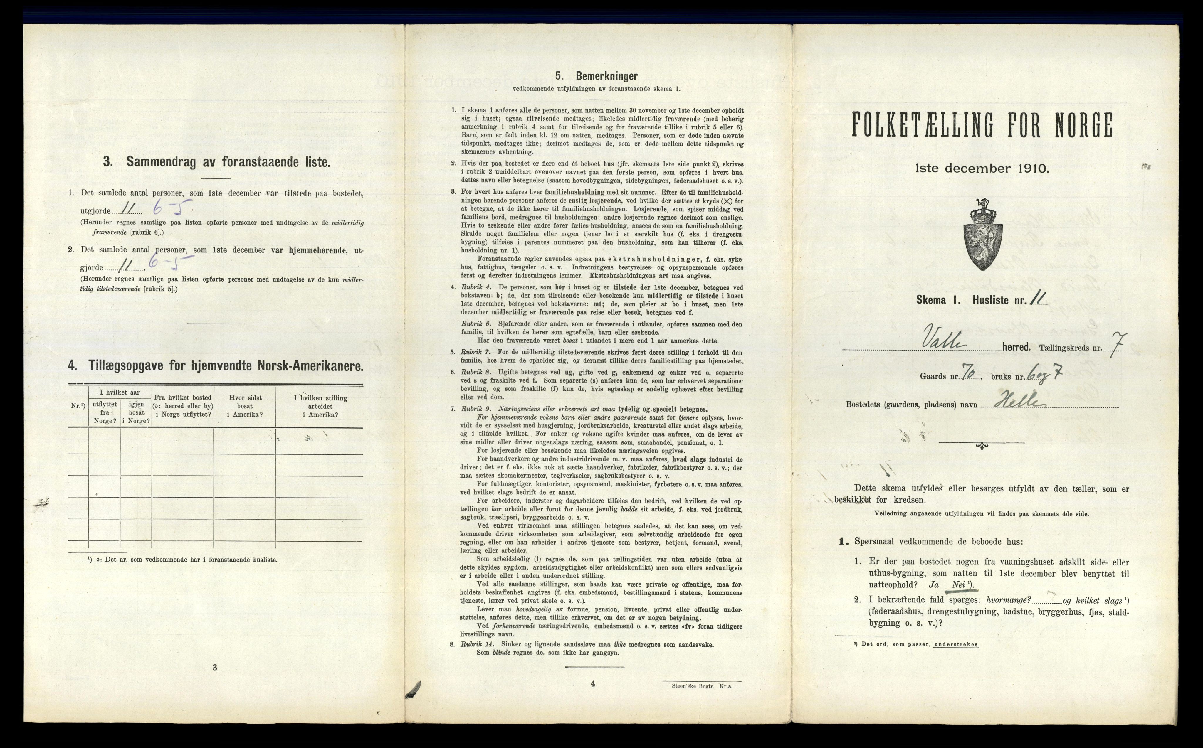 RA, 1910 census for Valle, 1910, p. 617