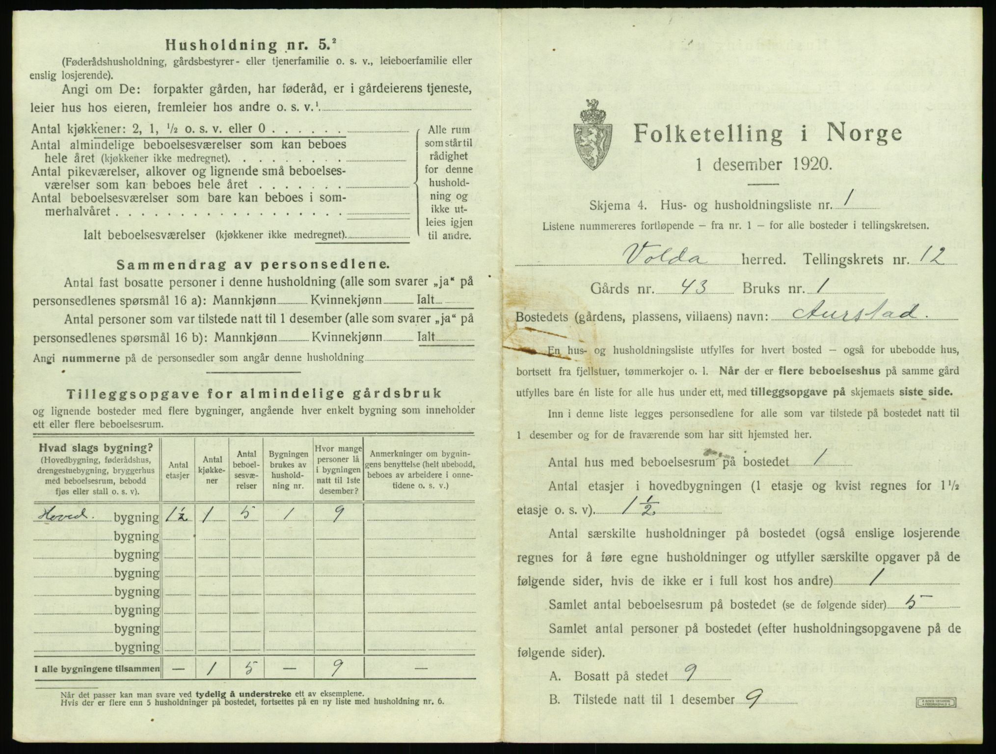 SAT, 1920 census for Volda, 1920, p. 1038