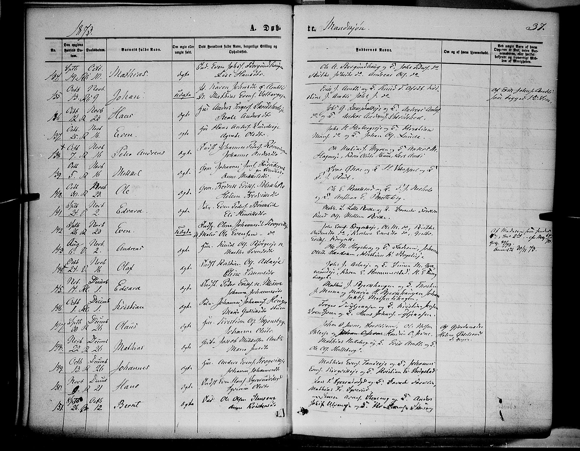 Ringsaker prestekontor, AV/SAH-PREST-014/K/Ka/L0011: Parish register (official) no. 11, 1870-1878, p. 37