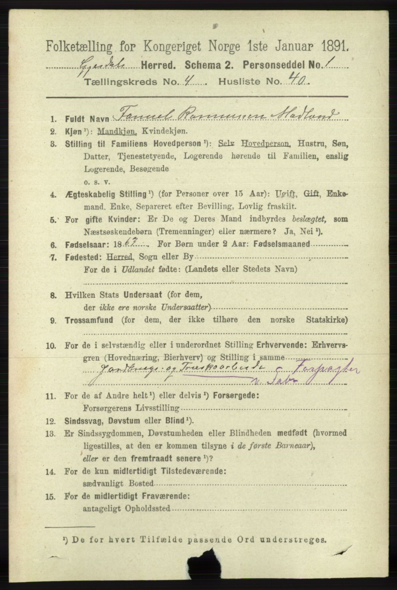 RA, 1891 census for 1122 Gjesdal, 1891, p. 1475