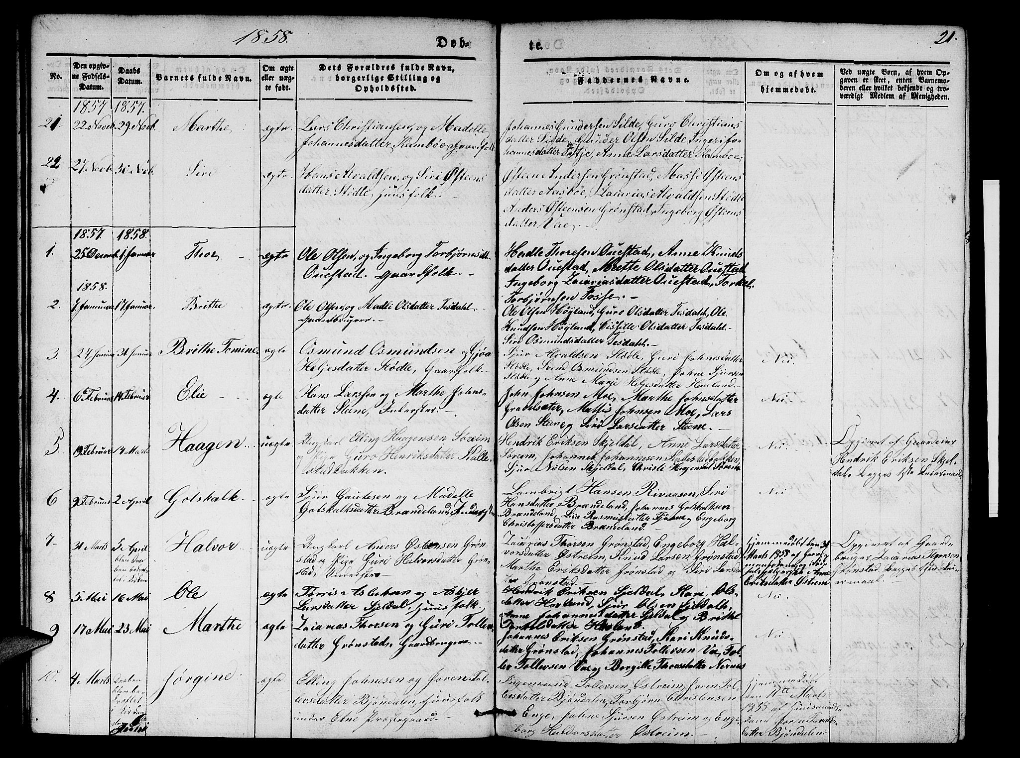 Etne sokneprestembete, SAB/A-75001/H/Hab: Parish register (copy) no. A 2, 1851-1862, p. 21