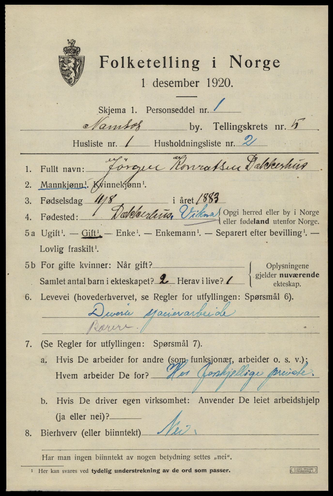 SAT, 1920 census for Namsos, 1920, p. 5651