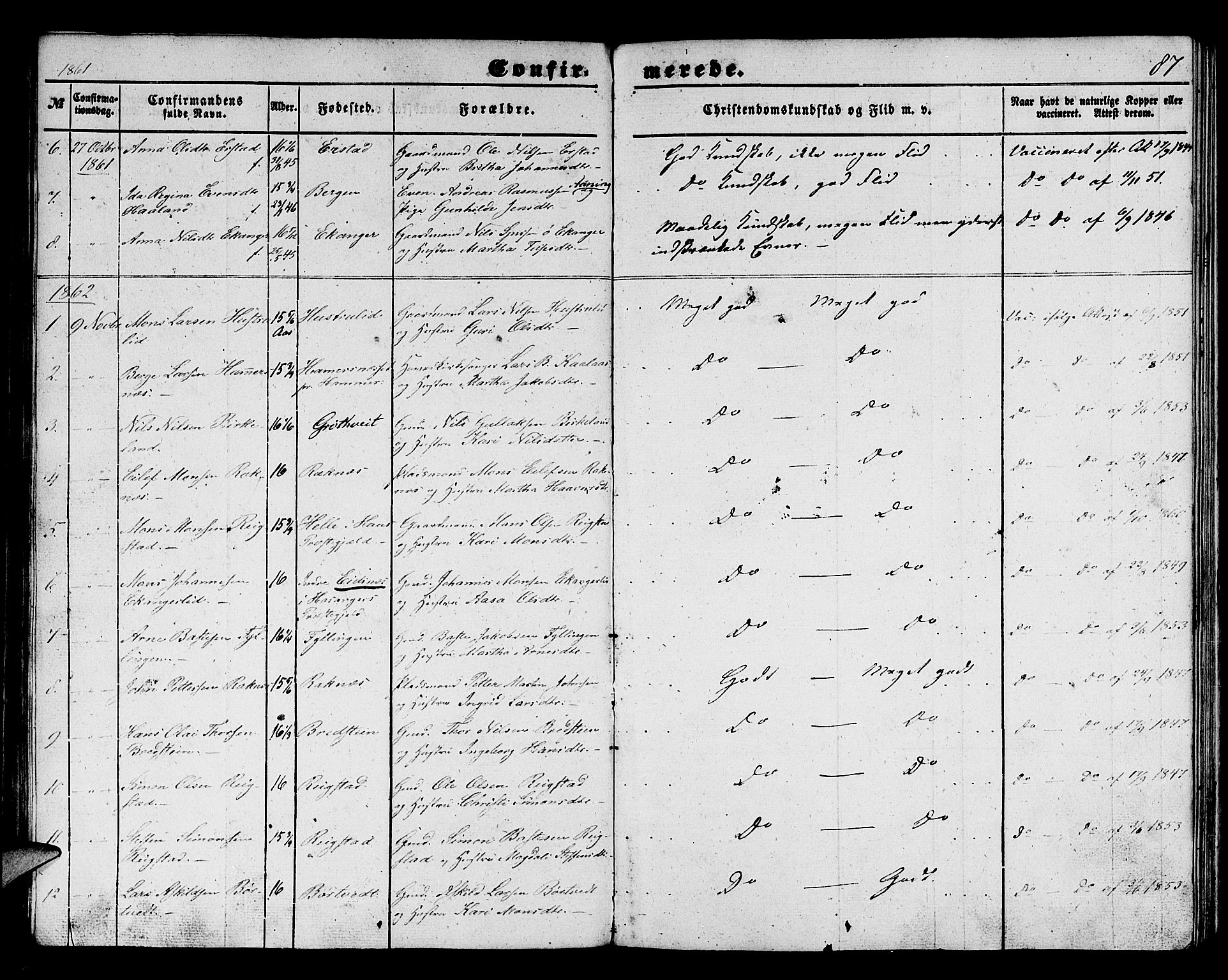 Hamre sokneprestembete, SAB/A-75501/H/Ha/Hab: Parish register (copy) no. B 1, 1852-1863, p. 87
