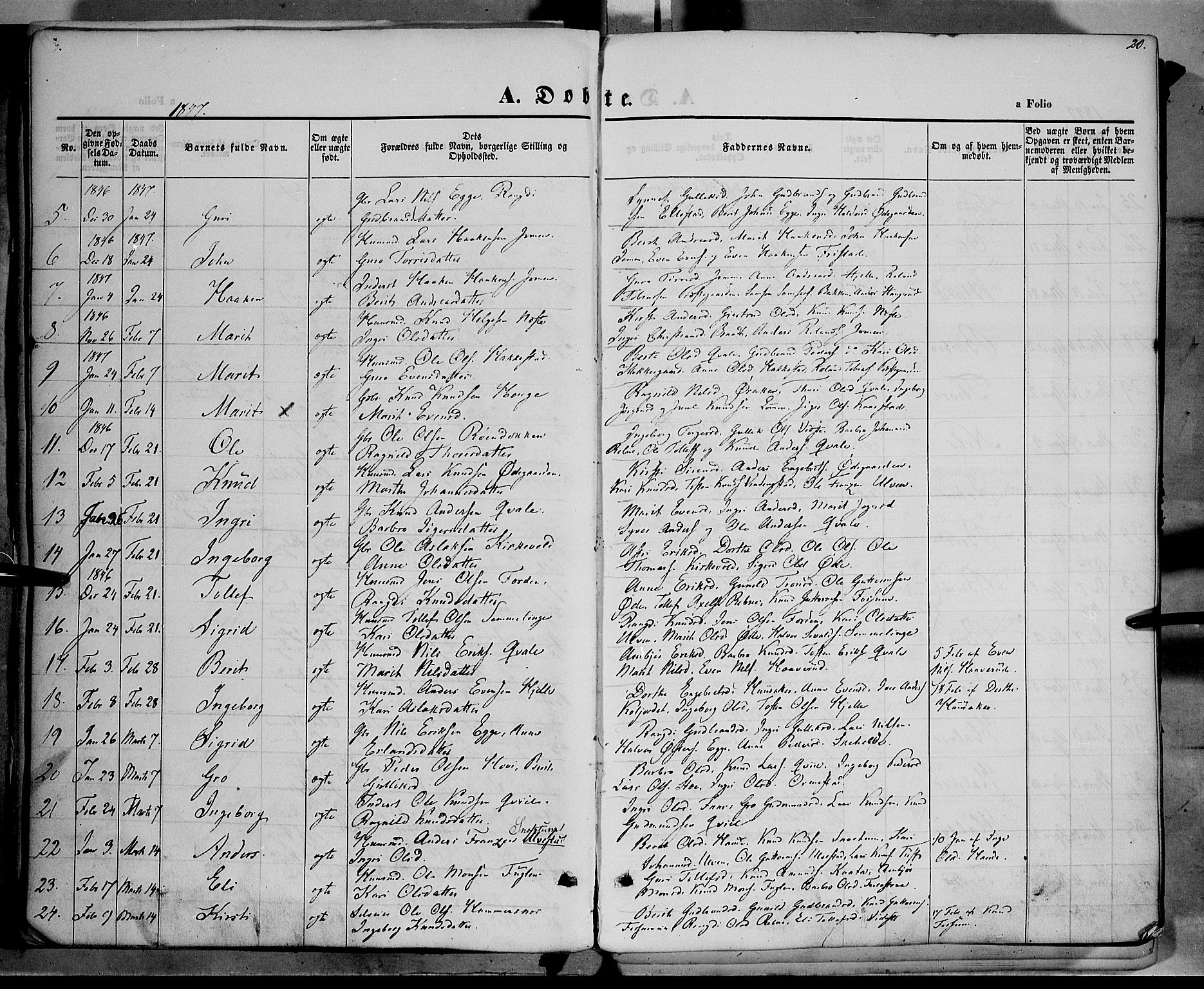 Vestre Slidre prestekontor, AV/SAH-PREST-136/H/Ha/Haa/L0001: Parish register (official) no. 1, 1844-1855, p. 20